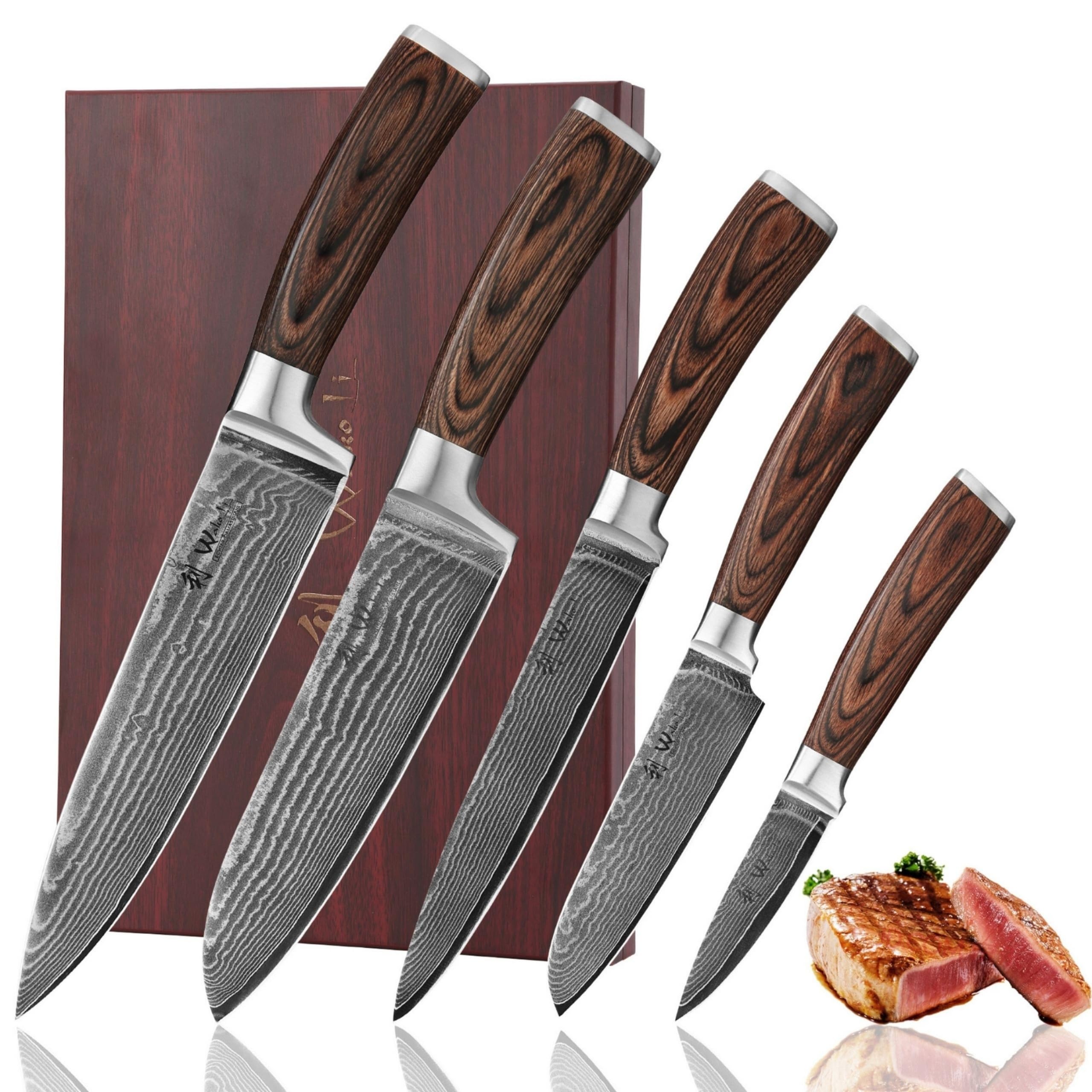 WAKOLI EDIB Set de 5 Couteaux de Cuisine Professionnels en Acier de Damas | avec des lames à 67 couches, un noyau VG10, des manches en bois de pakka, présentés dans un élégant coffret en bois