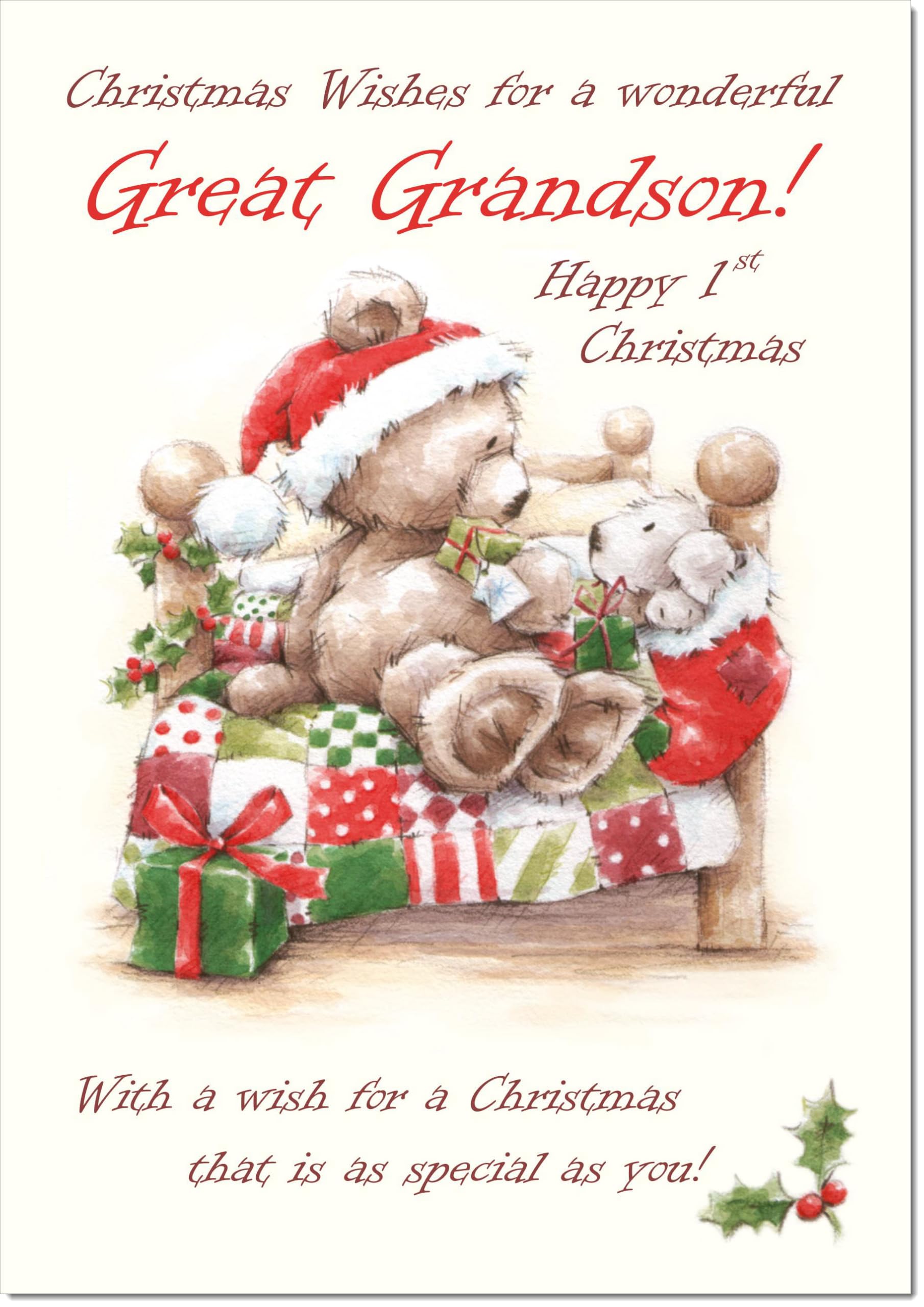 doodlecards Great Grandsons 1st First Christmas Card Cute Bear on Bed Large A4 Size Christmas Card for Great Grandsons 1st with Plain Envelope — image 1