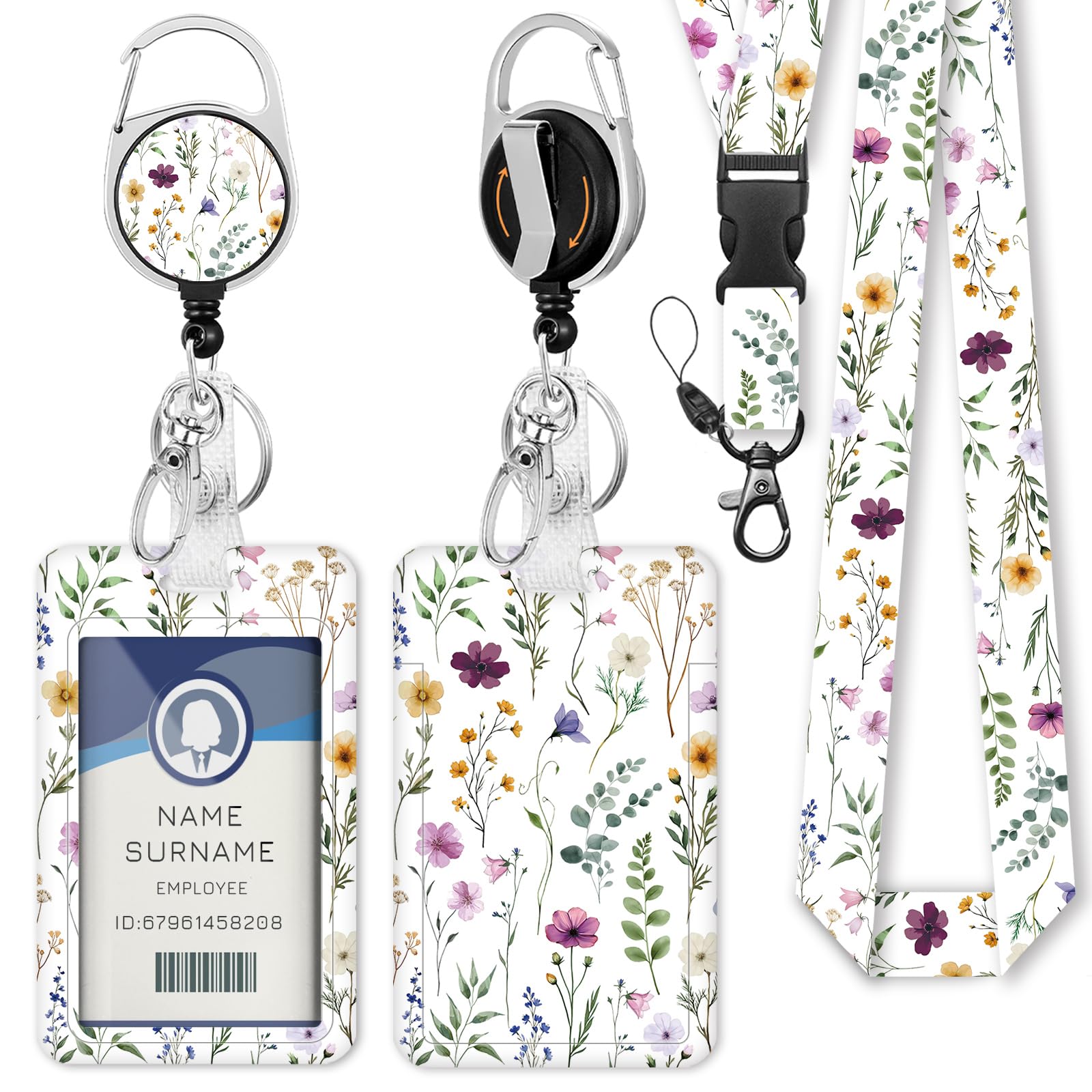Gctriki Umhängeband mit Blumenmotiv für Ausweise, niedlicher Lehrer-Ausweishalter mit Umhängeband, einziehbarer Spule, Schlüsselanhänger, vertikaler Namensschild, Kartenschutz für Frauen, Lehrer