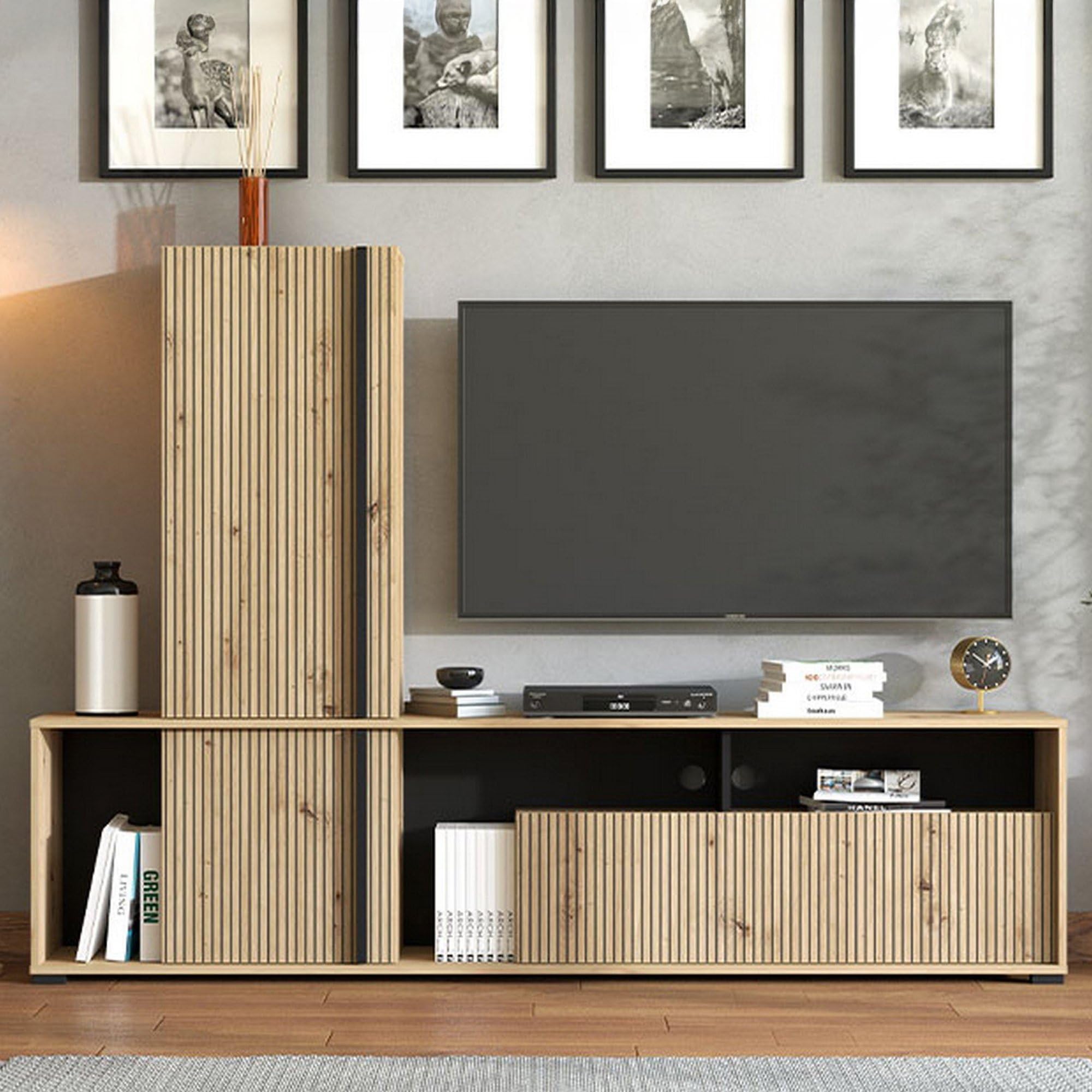 Dmora Parete Attrezzata Mosuko Marrone Rovere Nodi Modulabile 7 Ripiani, Mobile Soggiorno 3 Ante