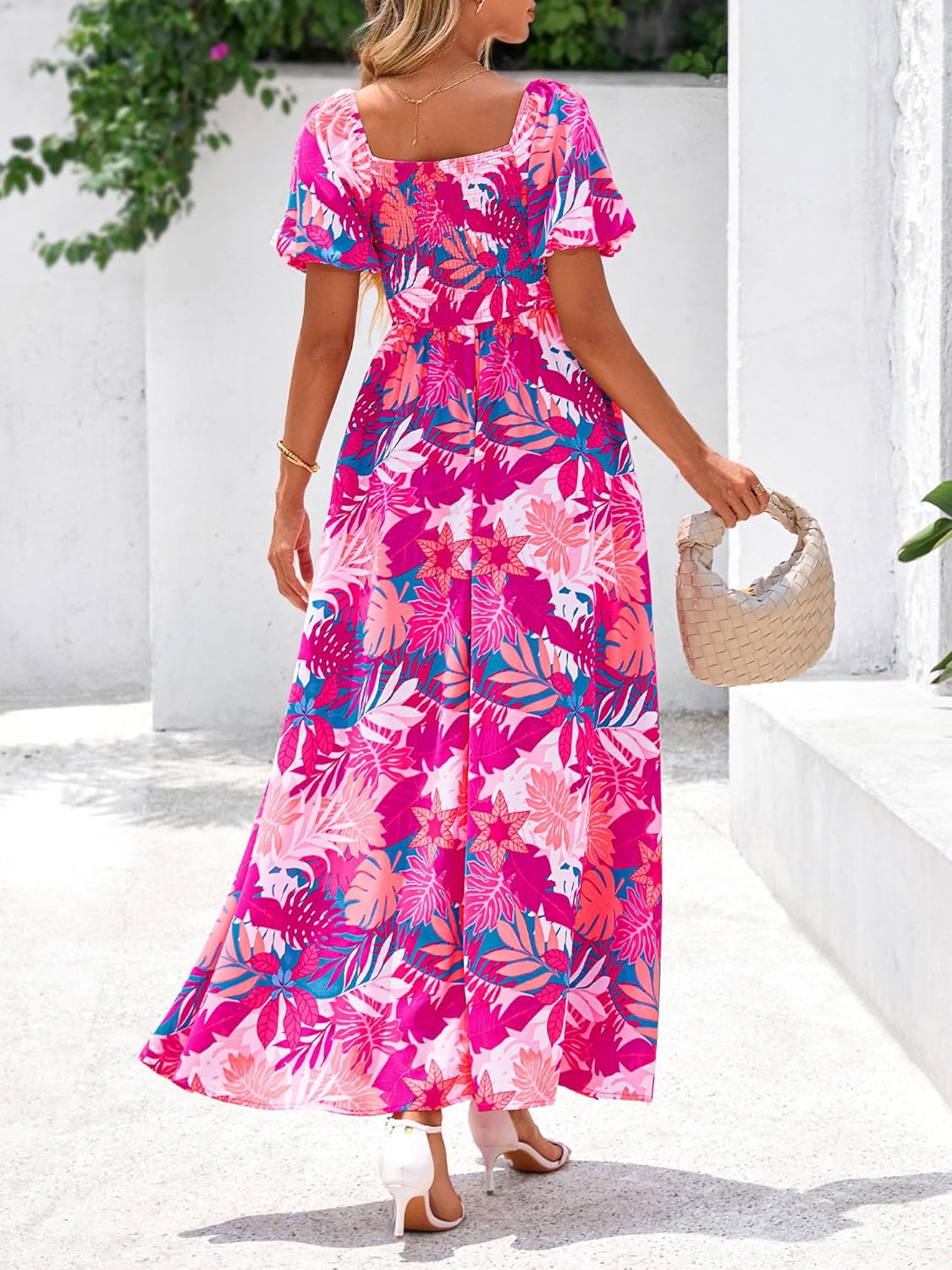 BTFBM Womens Summer 2025 Casual Maxi Dresses Short Sleeve Smocked Tiered Floral Boho Long Beach Dress with Pockets - Image 3
