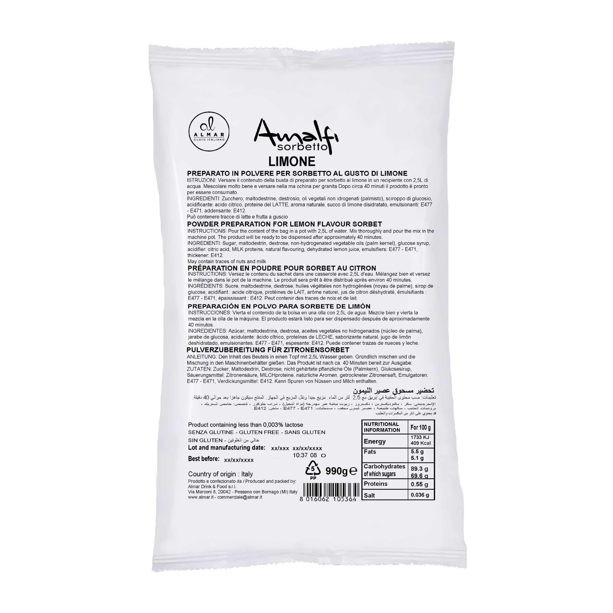 ALMAR - Zitronensorbet-Pulver, Glutenfrei und Laktosefrei, Natürliches Zitronensorbet, Gebrauchsfertig, Beutelverpackung 990 g (4)