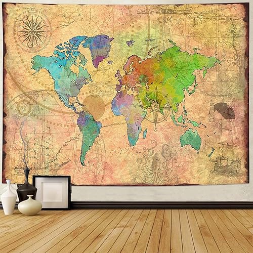 Tapiz vintage de mapa del mundo, tapiz antiguo de pirata, para colgar en la pared, decoración del hogar para dormitorio, sala de estar, dormitorio,