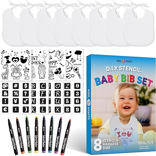 Juego de baberos para bebé, 2 capas de tejido de rizo blanco sólido, el kit incluye: 8 baberos, 8 marcadores de tela, 8 plantillas, regalos para