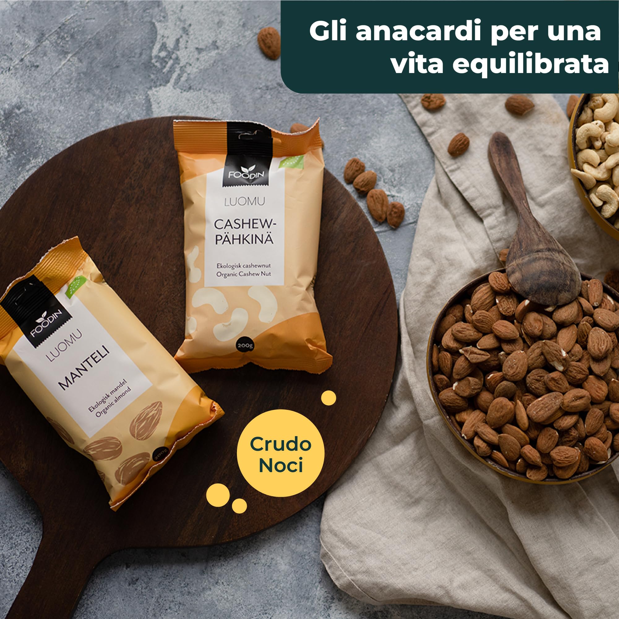 FOODIN Anacardi Biologici, 2x500g anacardi interi, buona fonte di proteine e grassi insaturi, 100% da agricoltura biologica, snack senza glutine e vegano, (2x500g)