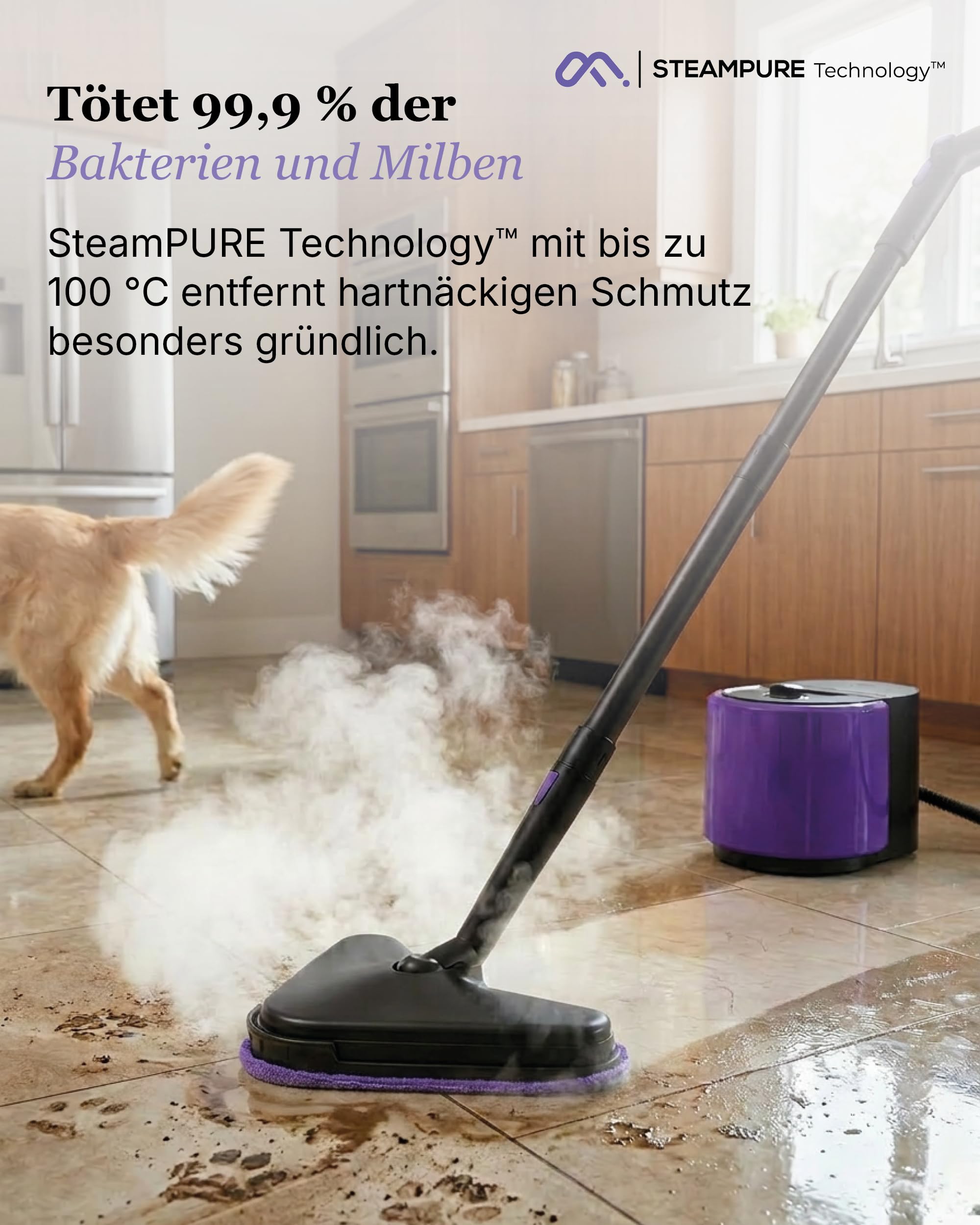 Motionflow PRO Dampfreiniger für alles - 1500W Hochdruck Steam Cleaner mit Edelstahlboiler für Polster, Teppiche, Armaturen und Böden – Dampfbürste mit 13 Aufsätzen, 45 Min Laufzeit, 100°C Dampf