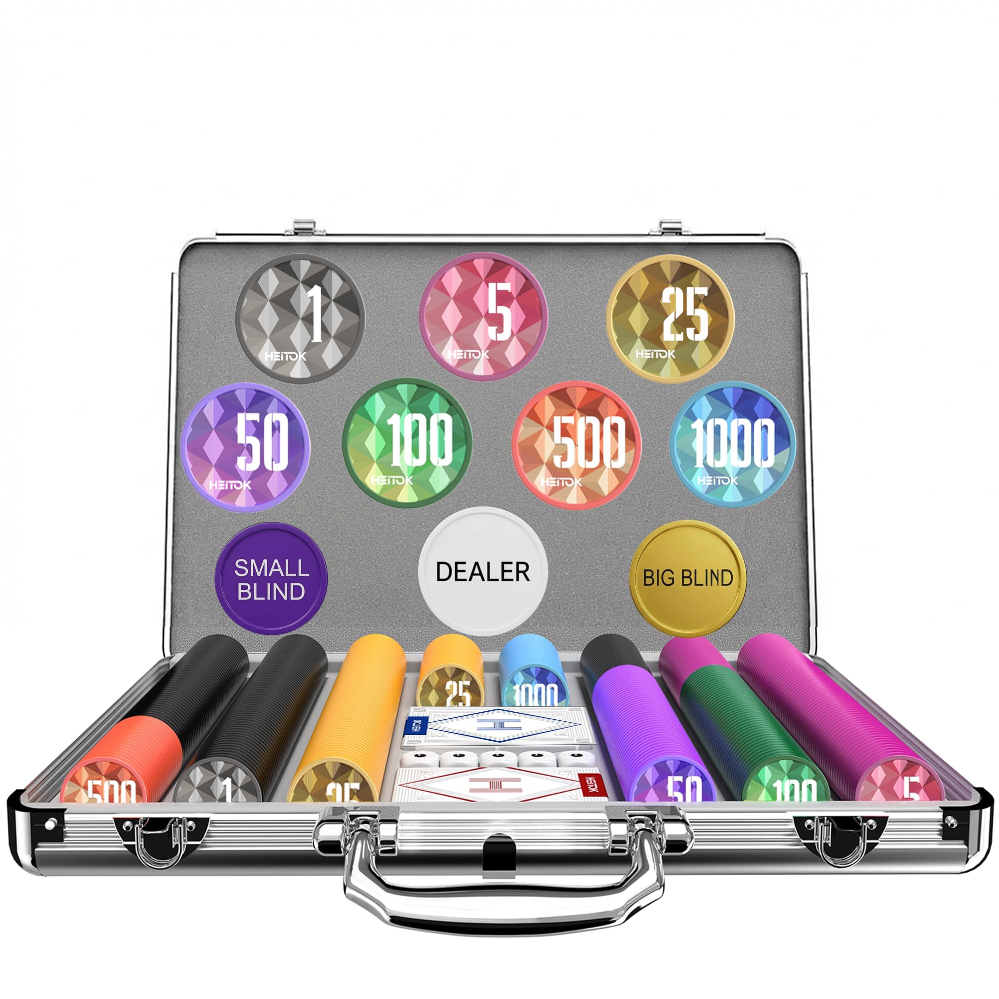 HEITOK 500pc Poker Chip Set 11.5g Iron Core Numbered Aluminium Case