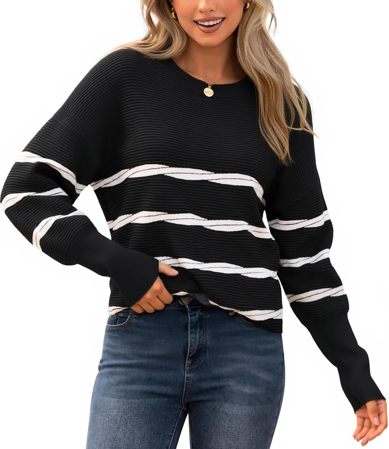 ECOWISH Women’s Long Sleeve Crewneck Striped Sweater – Fall 2025 Trendy Casual Knitwear for Office & Daily Wear