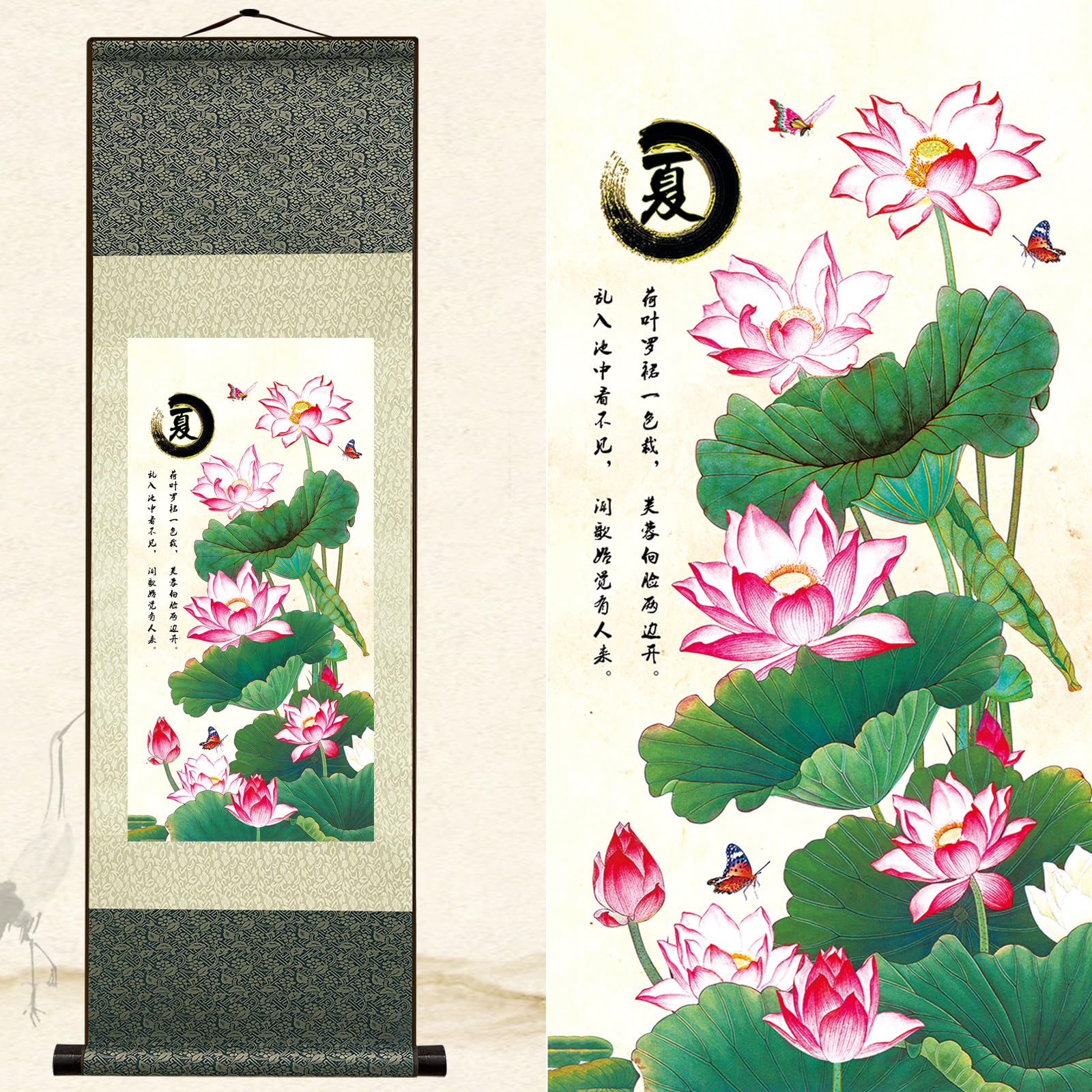 Newscz Asian Wall Art for Hallway and Stairs - Silk Scroll Seasonal Paintings - Summer Room Decor - Aesthetic Wall Decor - 36 by 12 in
