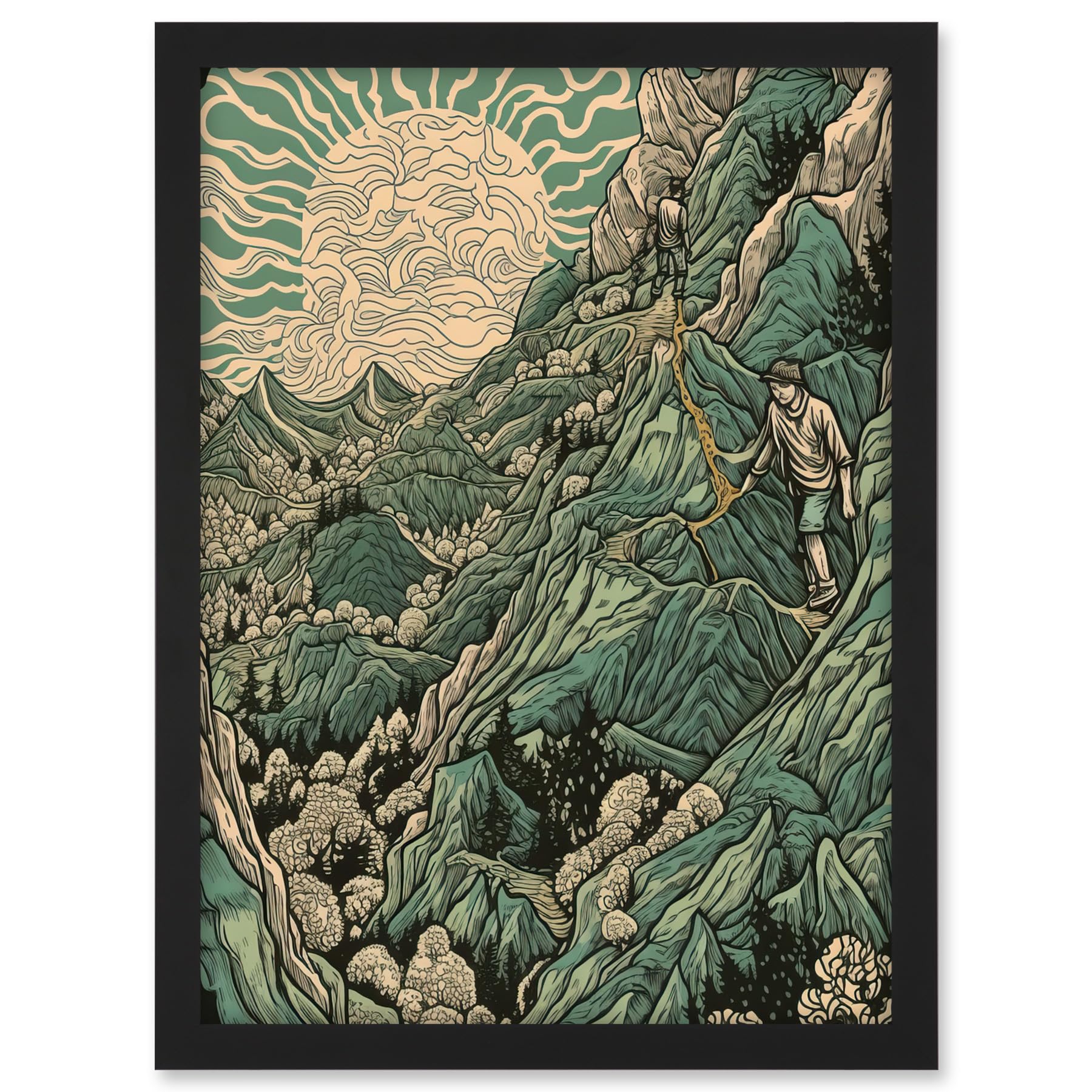Artery8 Climb Every Mountain Hikers at Sunrise Linocut Artwork Framed A3 Wall Art Print