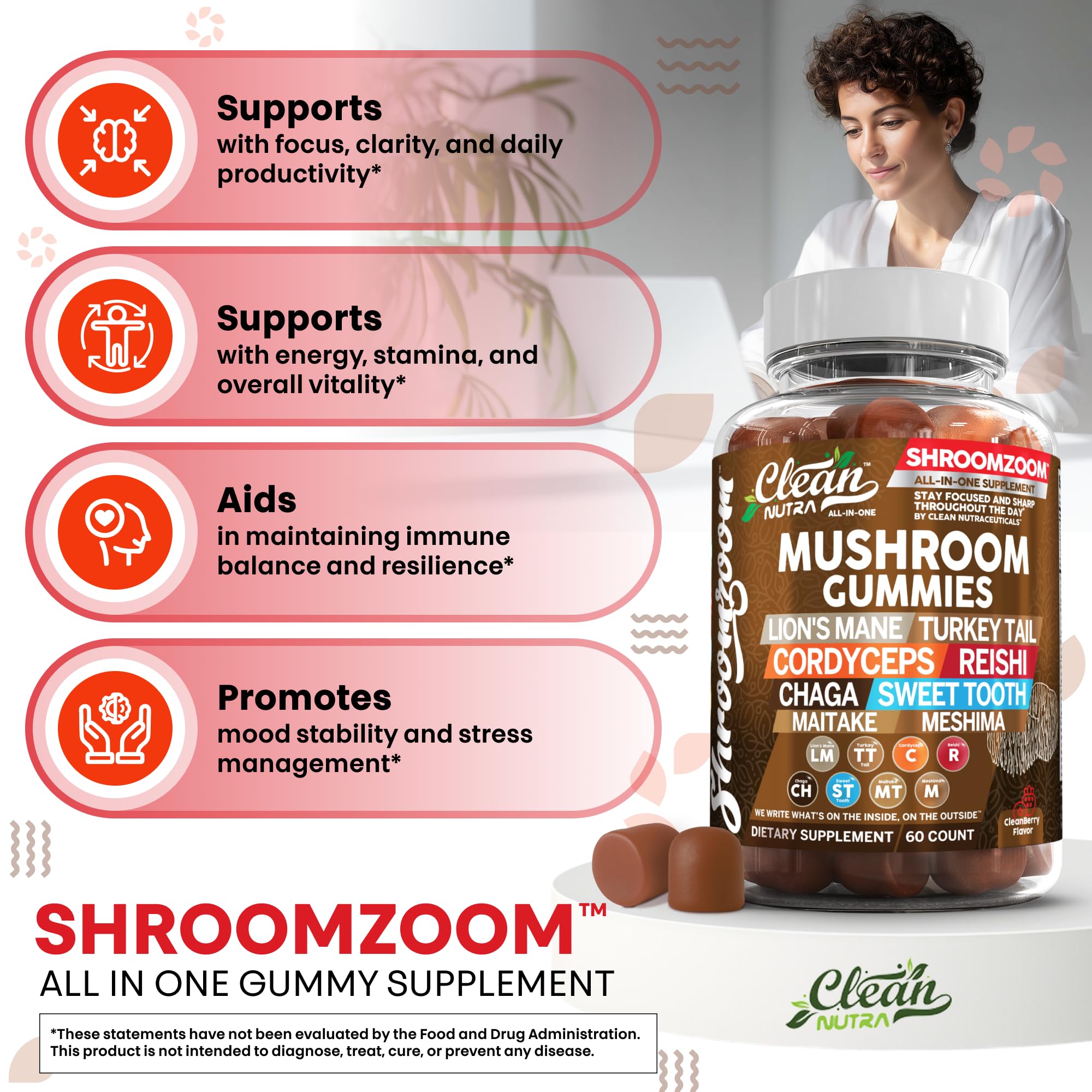 15in1 Mushroom Gummies with Lion's Mane Turkey Tail Cordyceps Reishi Chaga Sweet Toot Maitake Meshima Poria Cocos Shiitake Tremella, Oyster Agaricus Mushrooms for Men and Women Supplement Clean Nutra — Amazon image 8