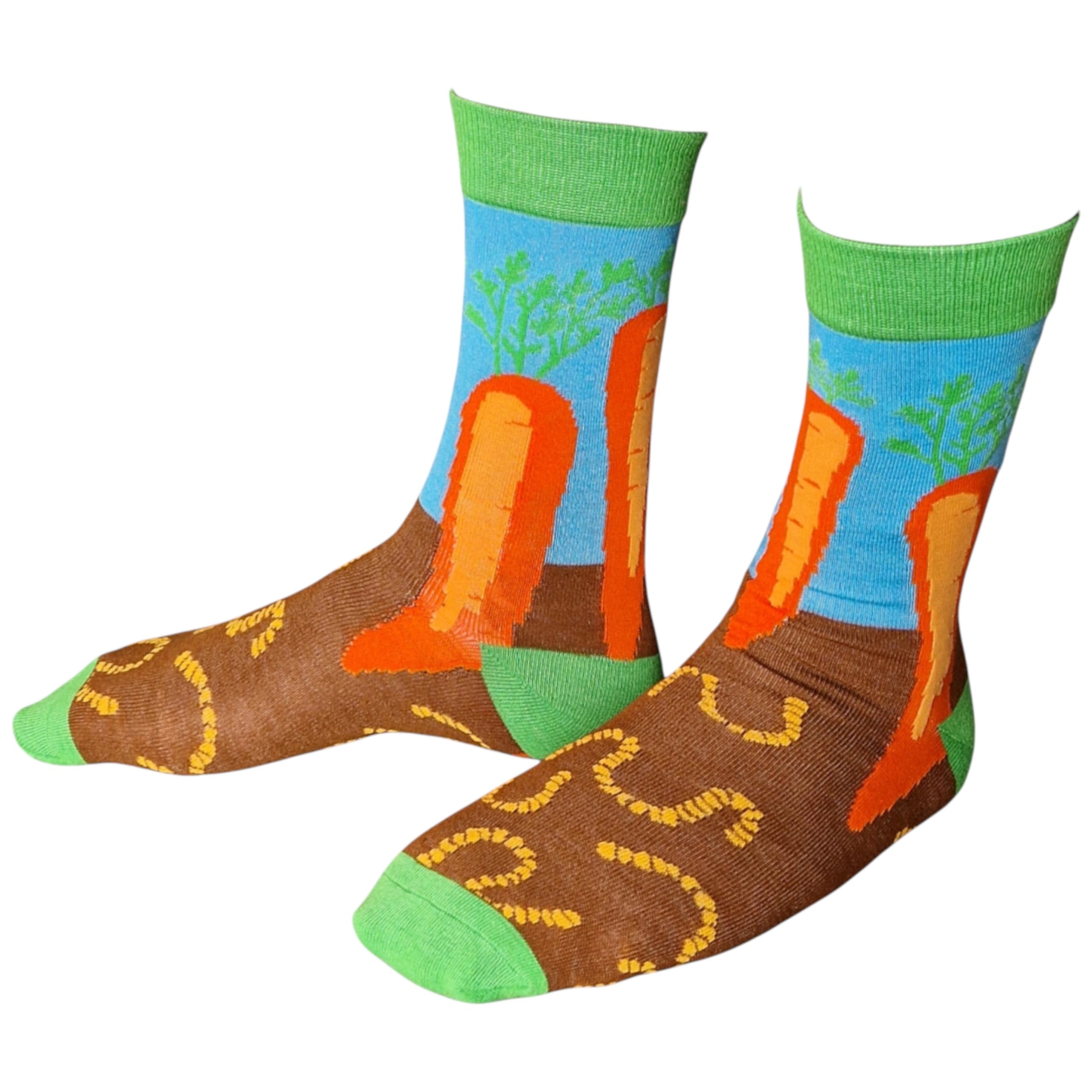 Sock Shack Vegetable Patch Allotment Carrots & Worms Gardener Mens Green Socks One Pair