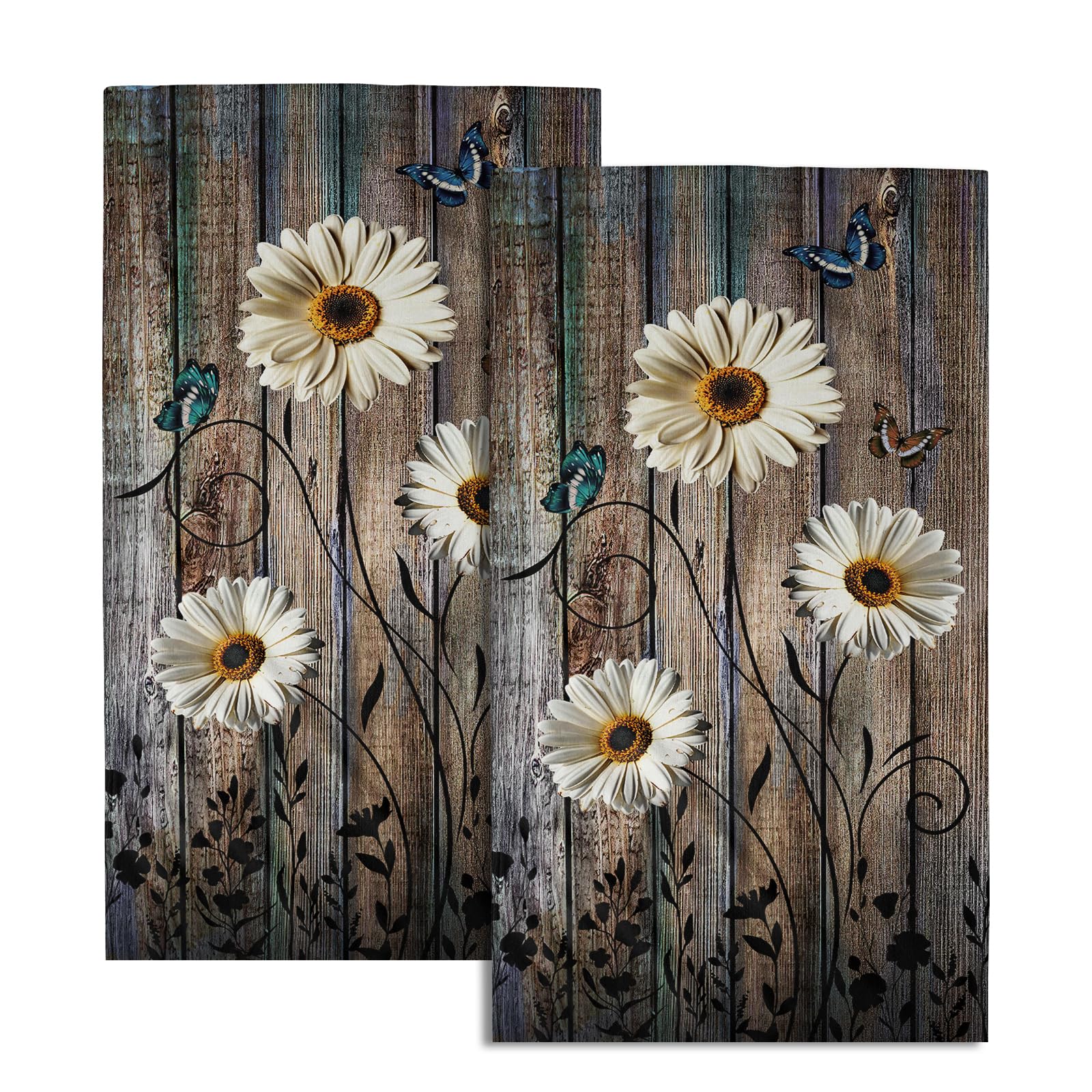 Giwawa Rustic Daisy Hand Towels Grey Floral Guest Towel Set of 2 Kitchen Dish Towels Soft Absorbent Decorative Bath Towel for Face Gym Spa
