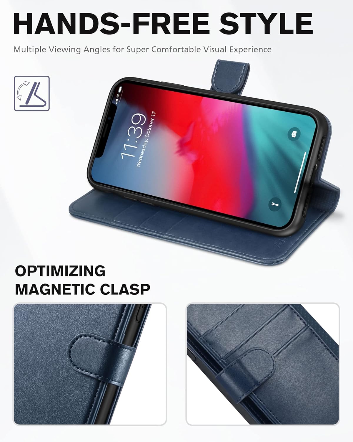 TUCCH Wallet Case for iPhone XR, PU Leather Flip Slim Cover with [RFID Blocking] Card Slot, Stand Holder [Wireless Charging] [TPU Protective Shell] Compatible with iPhone XR 6.1, Dark Blue