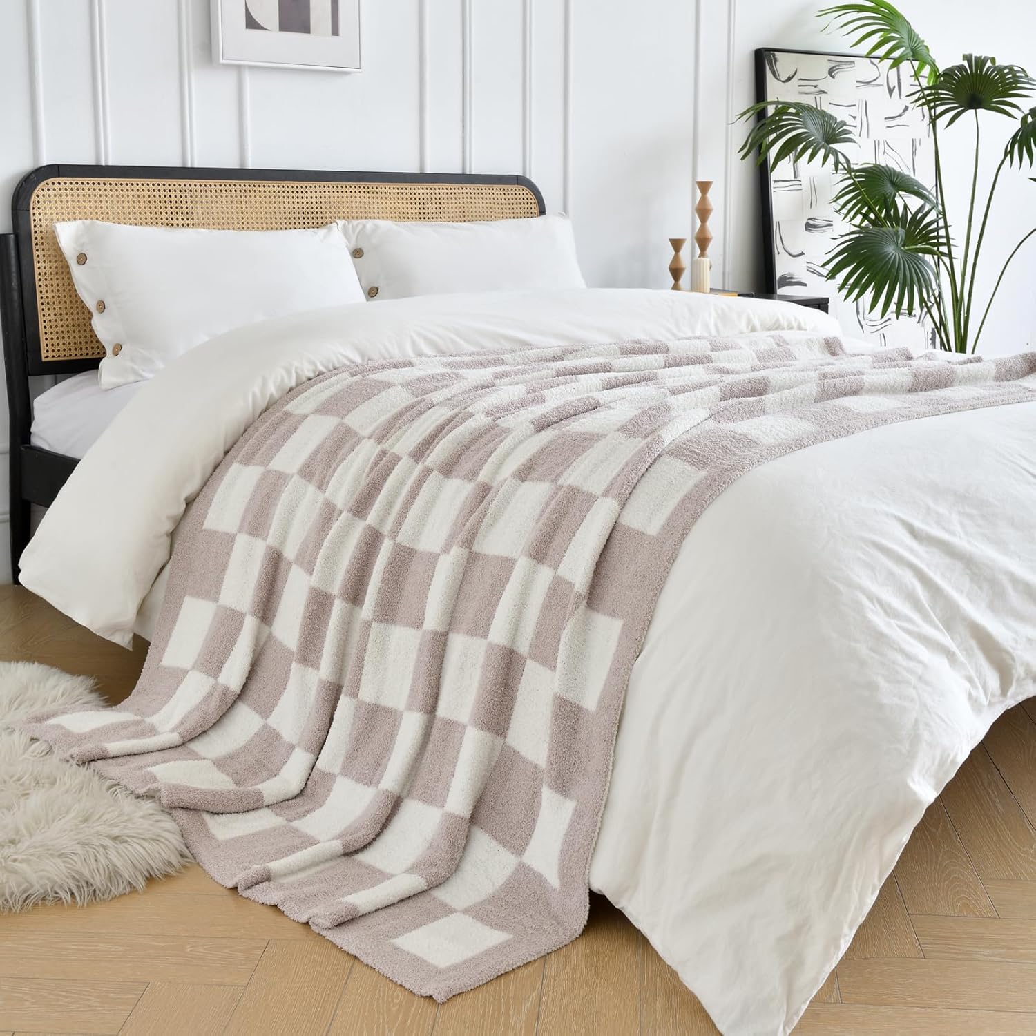 Checkered Blanket, Cozy Soft Throw Blankets for Couch Bed, Fluffy Plaid Lightweight Comfy Travel Picnic Blanket Gifts for Sofa Chair Living Room Camping (Ivory White, Throw 50"x60") - Image 7