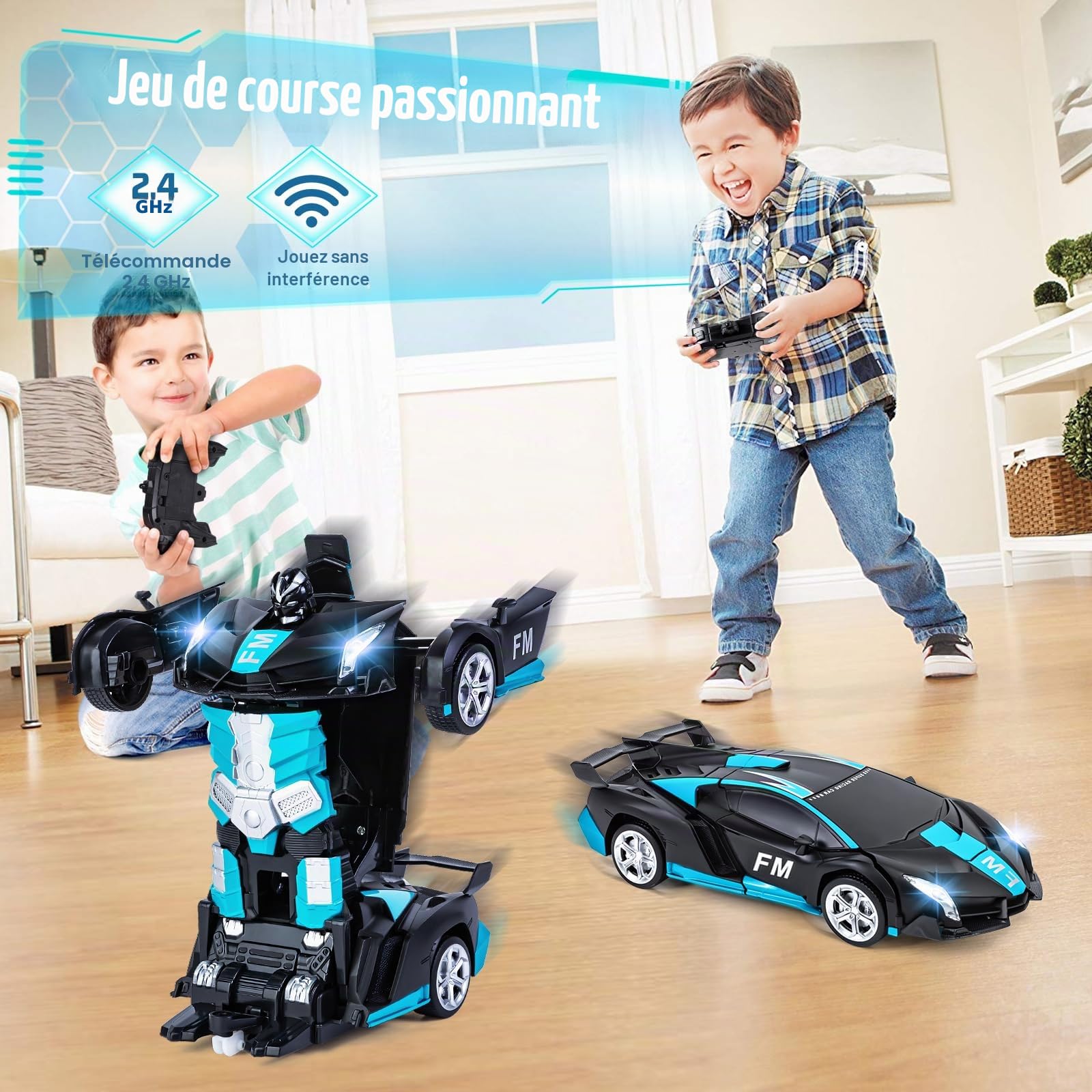 Transform Jouet, Voiture Télécommandée Robot avec Capteur Gestuel pour Garçons Filles 3 4 5 6 7 8 9 10 Ans, 2,4GHz Transformable Robot Car avec Piles, Effets Sonores et Lumineux, Bleu-Noir
