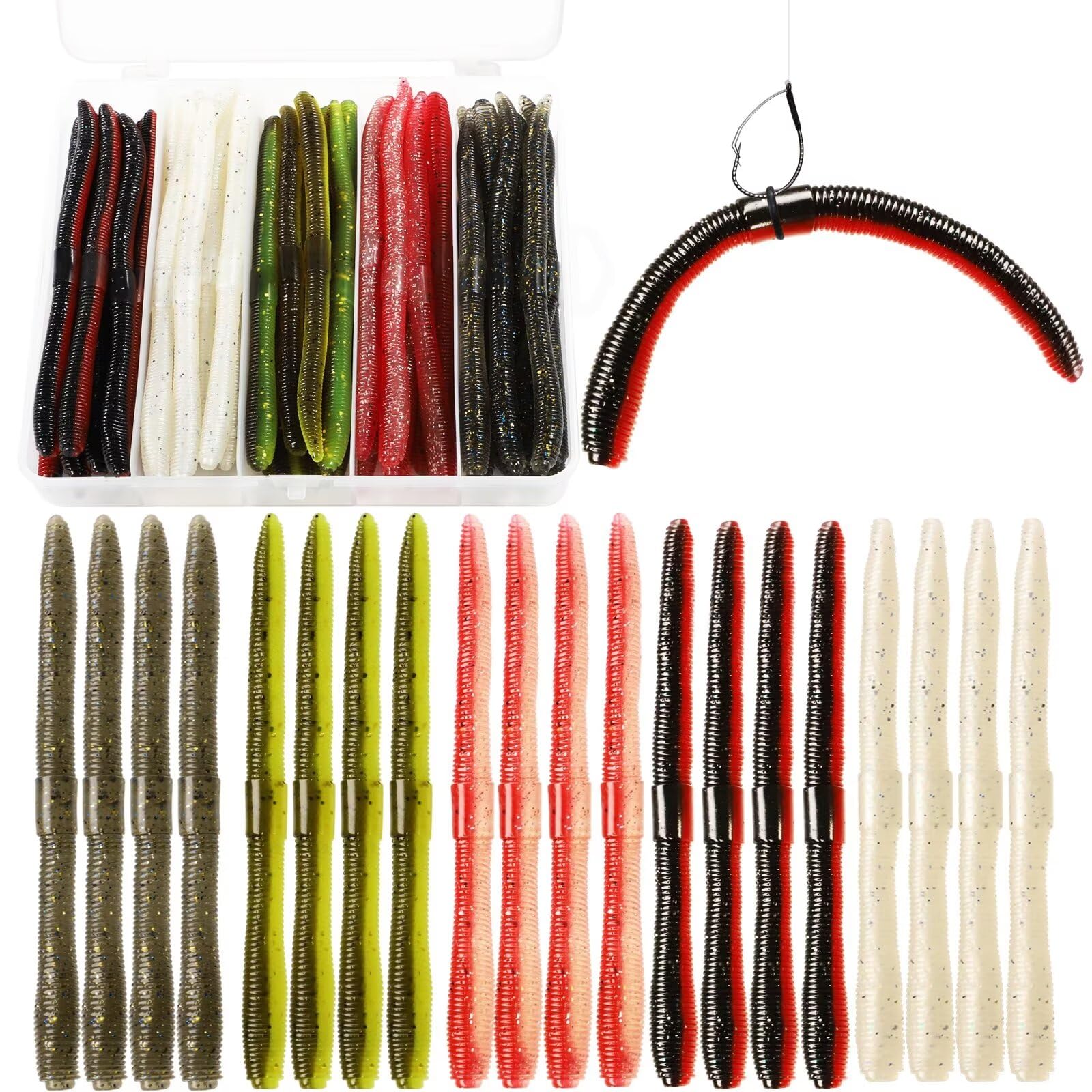 Dovesun Wacky Worm for Bass Trout Fishing Worms Kit with Soft Plastic Baits, Weedless Hooks, Bass Hooks,Weedless Jig Head, Wacky Rig Tool, O-Rings, Weight 152Pcs/131Pcs/50Pcs