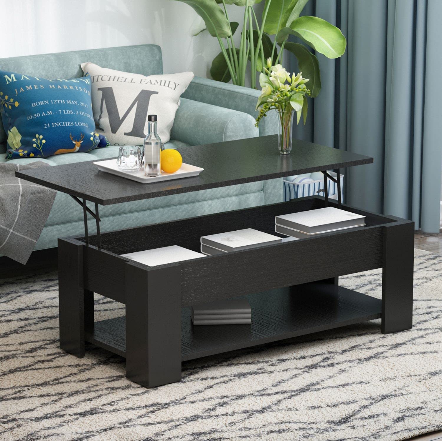 FUFU&GAGA Lift Top Coffee Table with Compartment & Storage Shelf, Wood