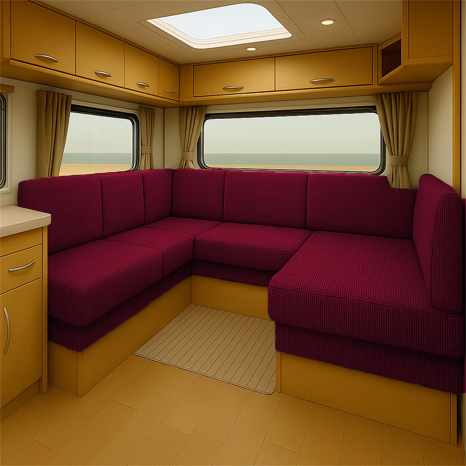 CDPTD Elastic Caravan Seat Cushion Cover for RV Bench Camper Sofa Jacquard Slipcover with Straps Washable Non-Slip Pads Dinette Pads Protector Campervan Chair Seating (Wine Red,W50-65 * L 125-155cm)