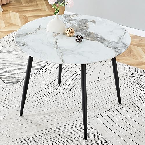 Mesa de comedor redonda de 40 pulgadas para 4 personas, moderna mesa de comedor de mármol de imitación con mesa de vidrio y patas de metal, mesa de