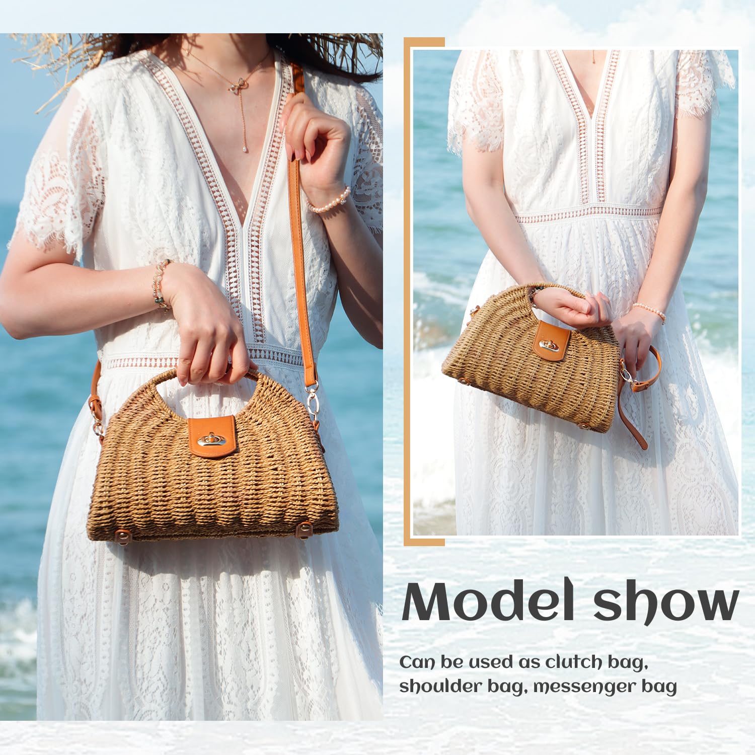 EVEOUT Bolso Bandolera Ratán Mujer Boho Chic Bolsos Cesta Paja Verano Bolsa de Mano Tejido para Playa Vacaciones