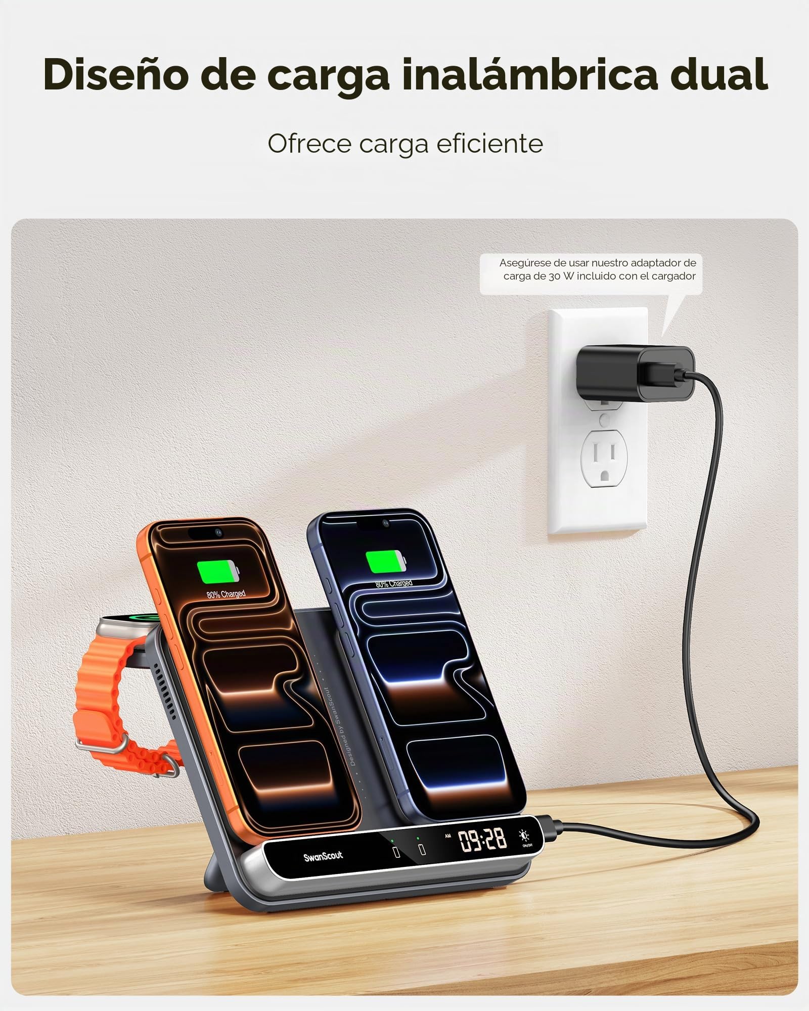 SwanScout Doble Cargador Inalámbrico para iPhone 17/Air/17e/16/15/14/13/12 | Estación de Carga para Apple Watch 11/10/9/8/7/Ultra 3/SE 3 y AirPods 4/Pro 3, Dual Wireless Charger para 2 iPhone, 710A