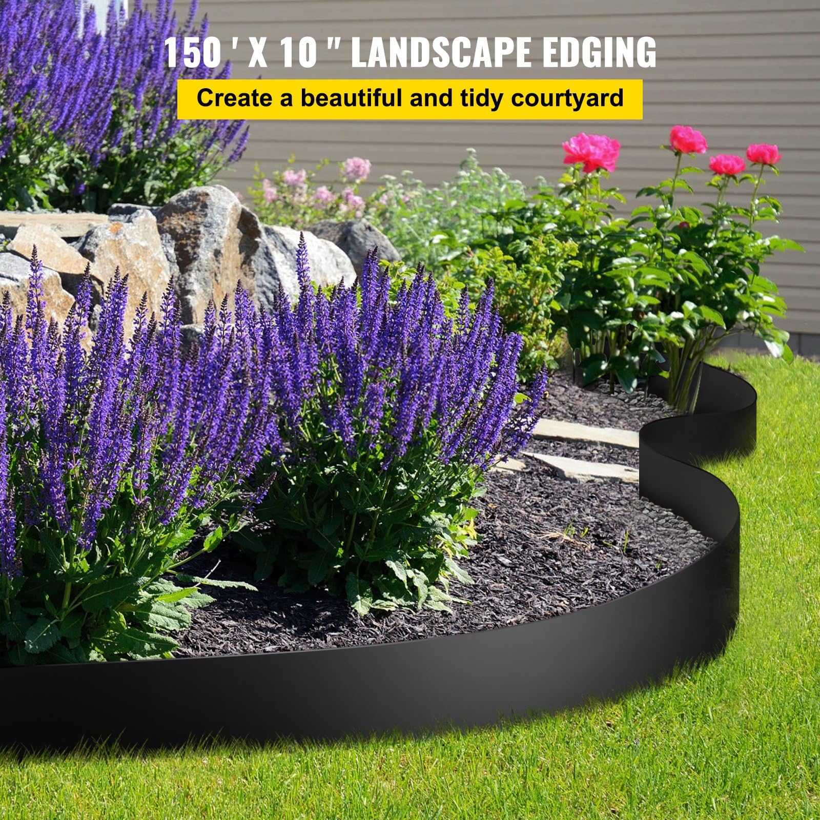 150 ft Black Recycled HDPE Landscape Edging: Flexible 10-inch Deep Bender Board Border for Weed Control & Professional-Looking Garden, Lawn, & Yard Landscaping