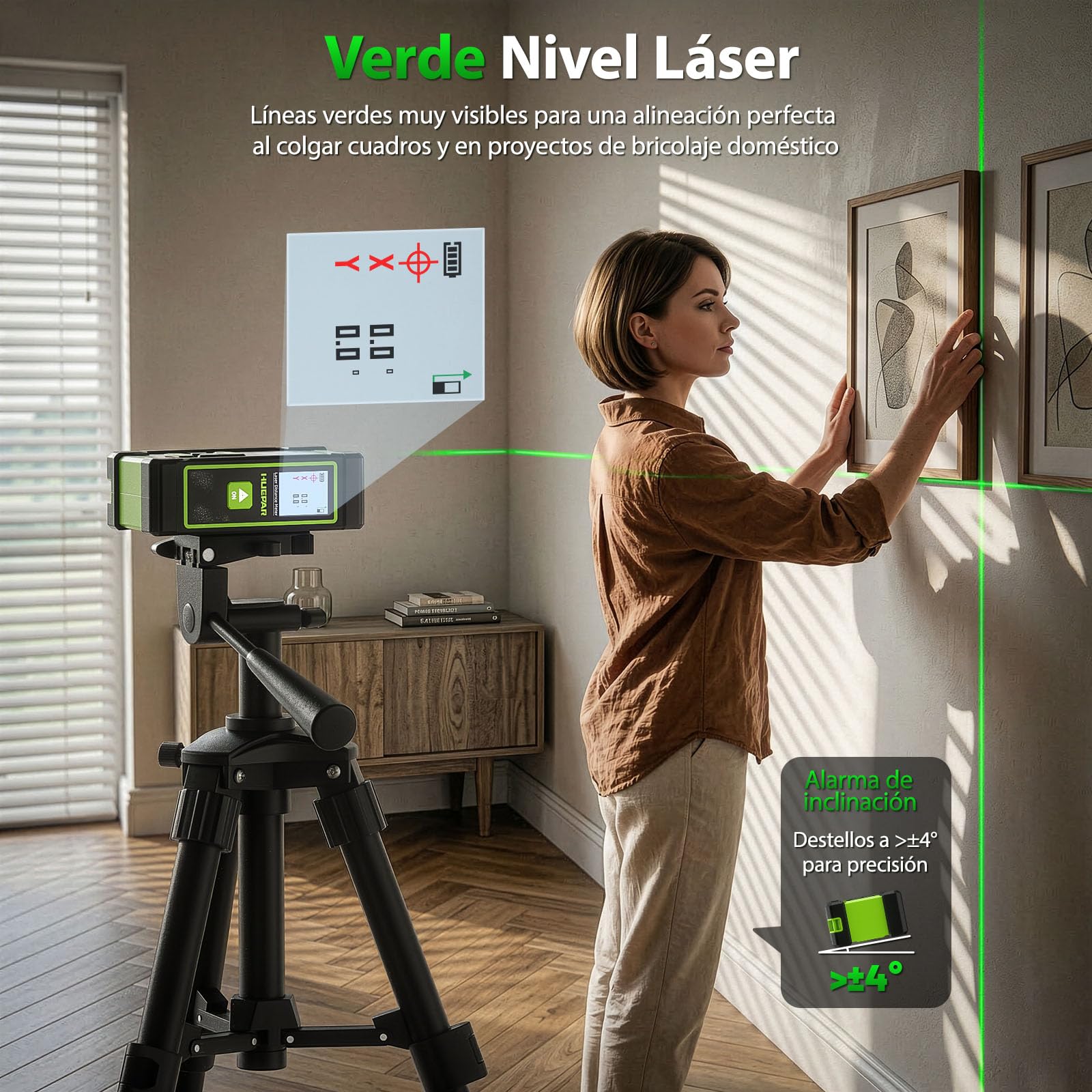 Huepar TLM60 Medidor Láser 4 en 1 con Cinta Métrica Digital y Nivel Láser Verde, Distancia hasta 60m, 9 Modos de Medición, Pantalla Doble LCD, Memoria 100 Datos, Alta Precisión para Construcción y DIY