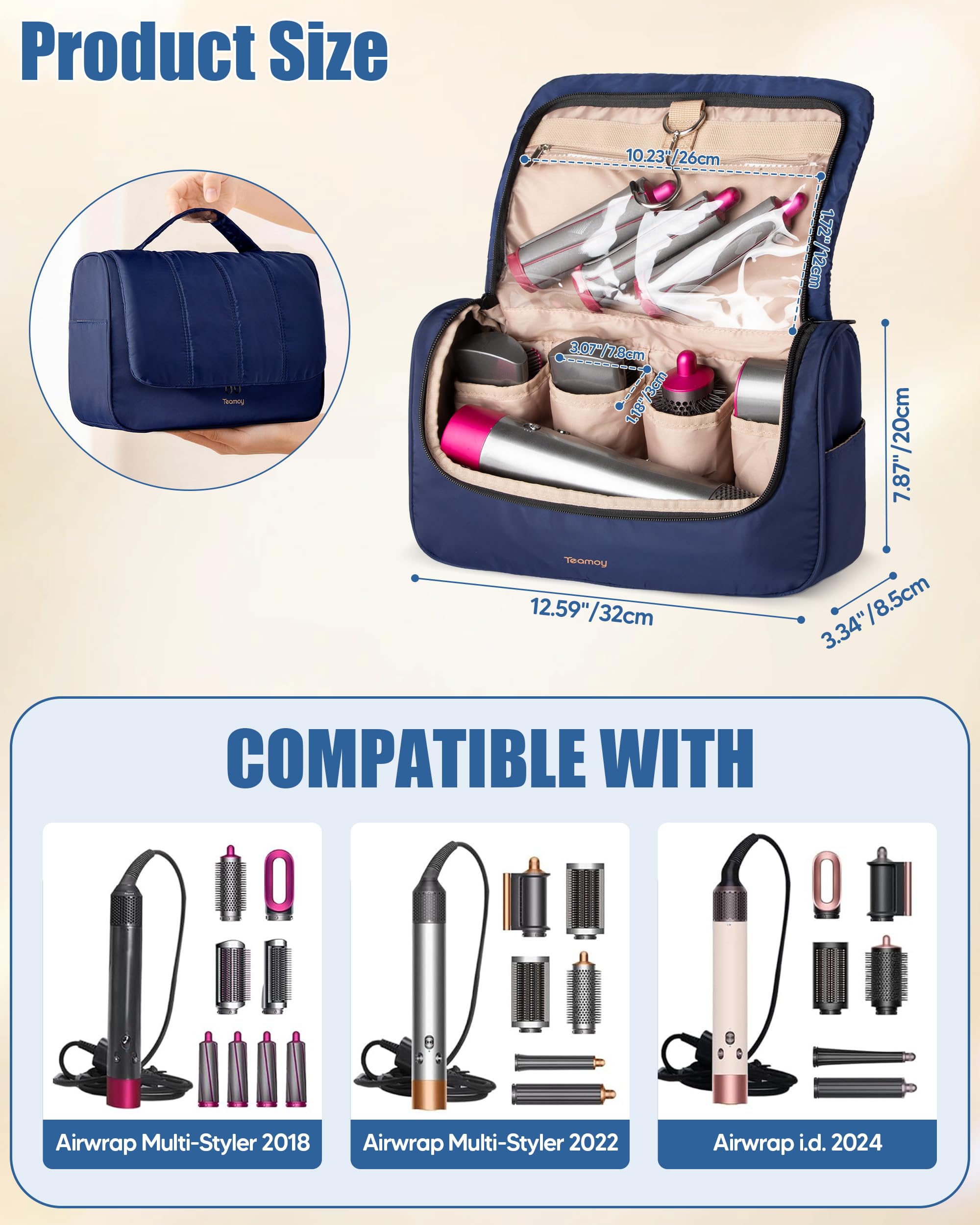 Teamoy Bolsa de Almacenamiento de Viaje Compatible con Dyson Airwrap, Organizador Portátil, Cilindro Largo, Azul Oscuro