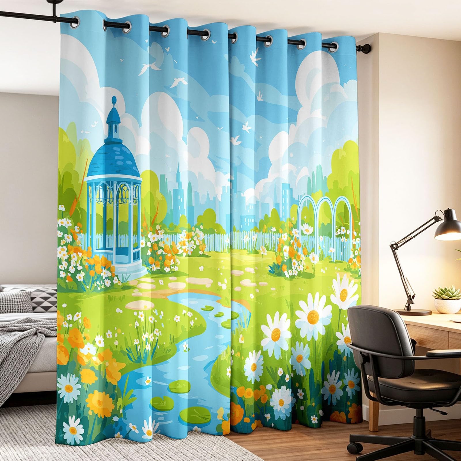 Cortinas ocupantes estilo rural jardín estampadas flor de margarita lavable a máquina, ideal para niños jugadores en sus dormitorios y salas de estar, 110 x 215 cm(2 paneles)