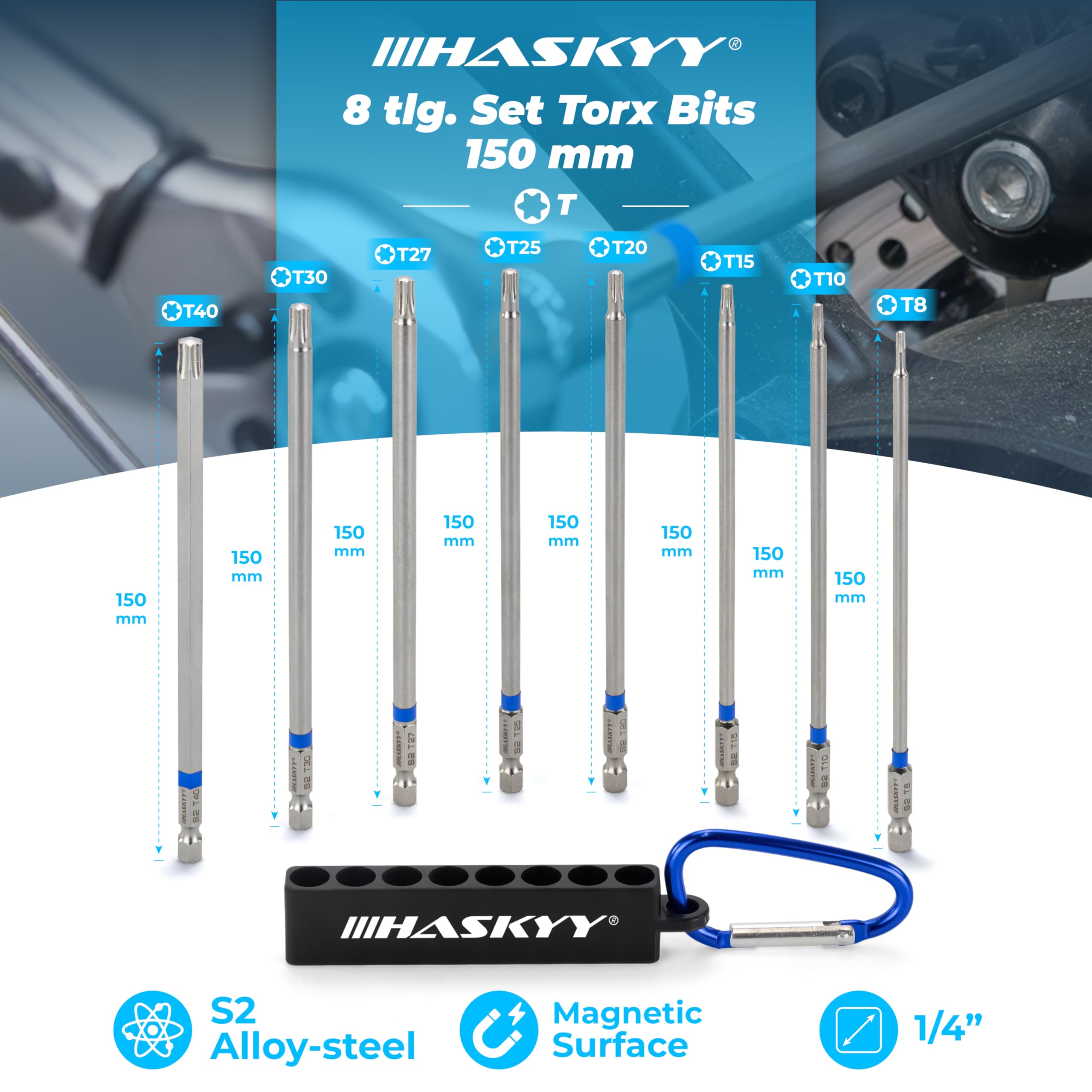 HASKYY Set Inserti Torx 150 mm 8 Inserti Torx Lunghi Magnetici in Acciaio S2, T8-T40, Attacco Esagonale 1/4", per Avvitatore, Trapano, Auto, Moto e Bicicletta