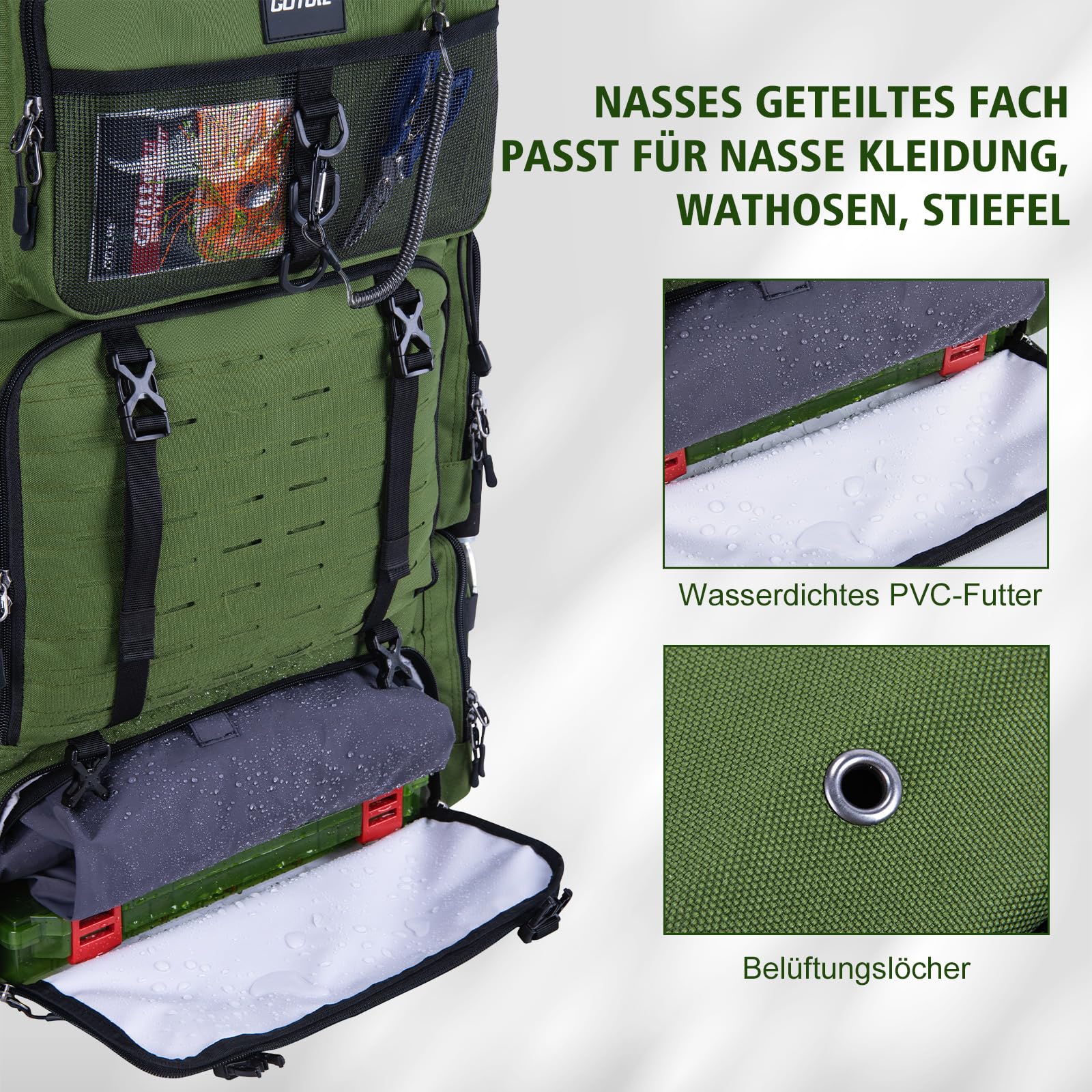 Goture Zaino da pesca da 72 l, con borsa termica (16 l), scomparto asciutto e bagnato, scomparti regolabili, borsa impermeabile per attrezzi da pesca, campeggio, escursionismo, Verde Militar, Zaino