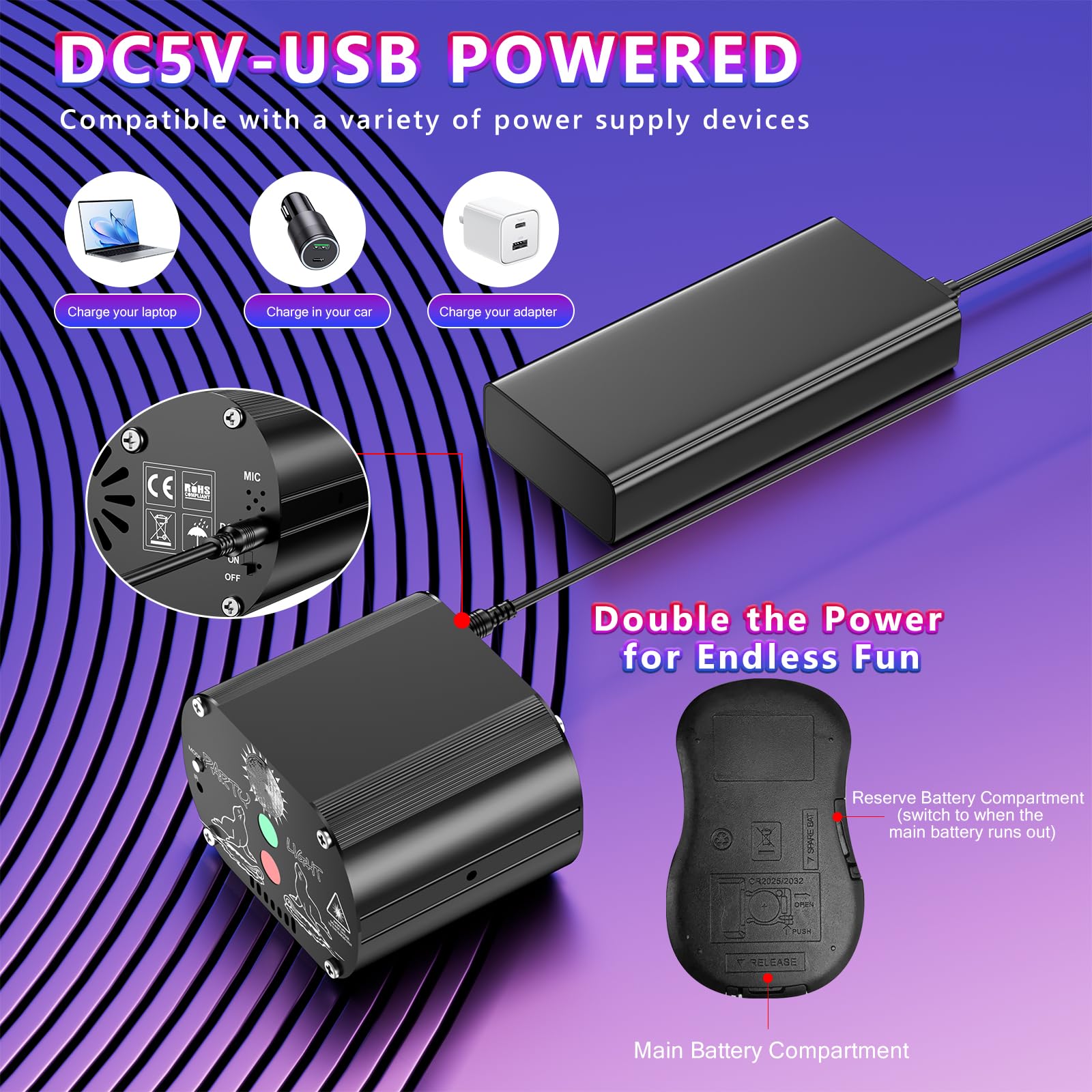 Luz de fiesta Tyonto con disco LED inalámbrico, batería de 4500 mAh y controlada por música. Proyector de 60 patrones, efecto estroboscópico, control remoto y cable USB de 2 m, ideal para fiestas