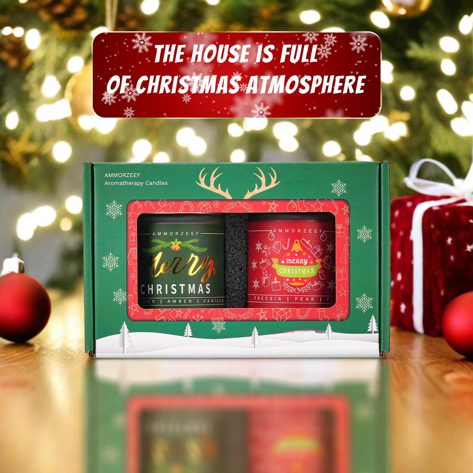 AMMORZEEF Lavender & Freesia Christmas Scented Candles for Home 2 Pack 14OZ Merry Christmas Tree Candle Set Winter Aromatherapy 100h Burn Time