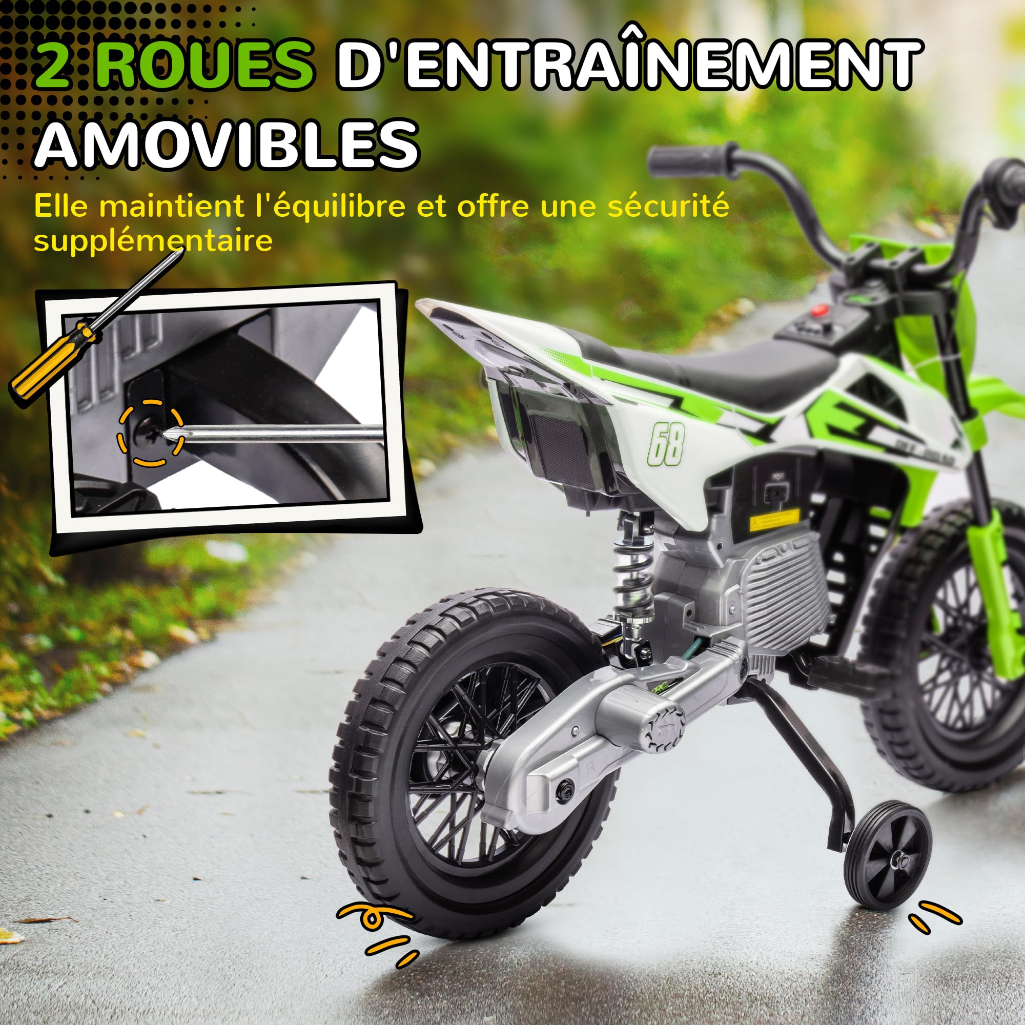 AIYAPLAY Moto électrique Enfants, Moto Cross pour Enfants, 2 Moteurs 12V Puissant, Vitesse Max. 5 km/h, Roues d'entraînement, système de Suspension, Musique, pour 3 à 6 Ans, Vert