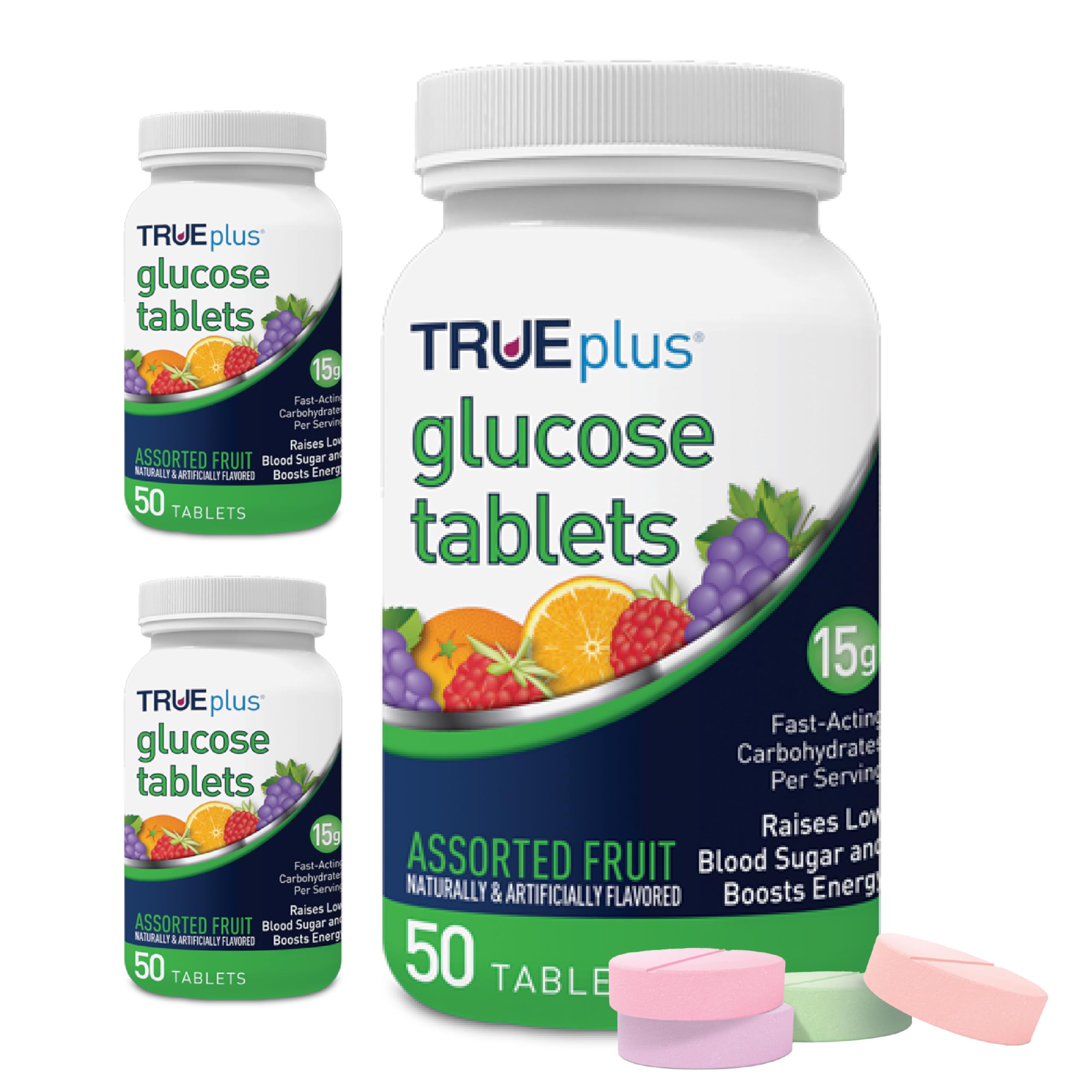 TRUEplus® Glucose Tablets, Assorted Flavor (Grape, Raspberry, Orange) - 50ct Bottle (1)