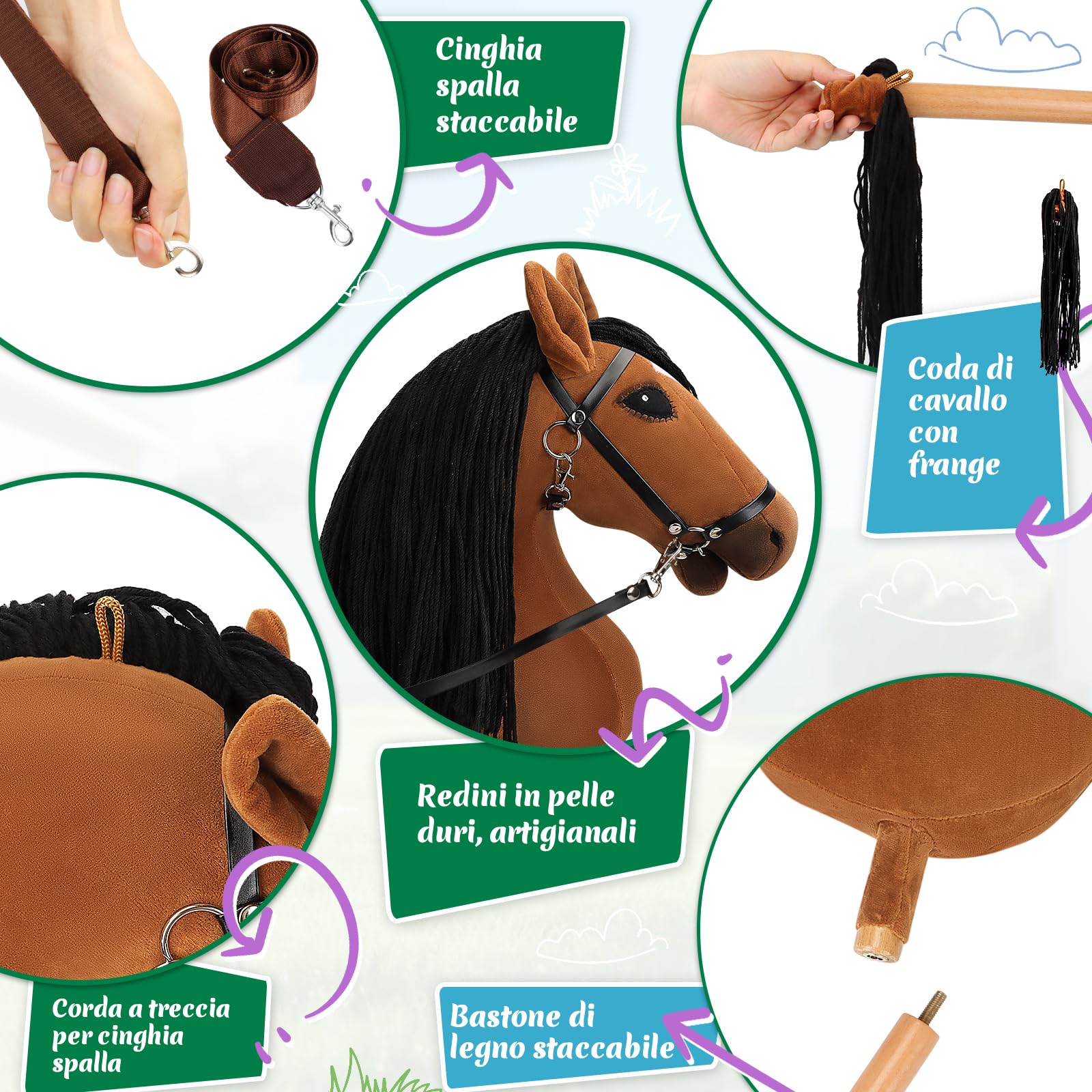 Charmofun Hobby Horse, Cavallo con Bastone per Bambini con Testa A3, Morbido Halter in Peluche, Coda Fluente e Cinghia Regolabile, Ideale per Gioco e Regalo (Marrone)