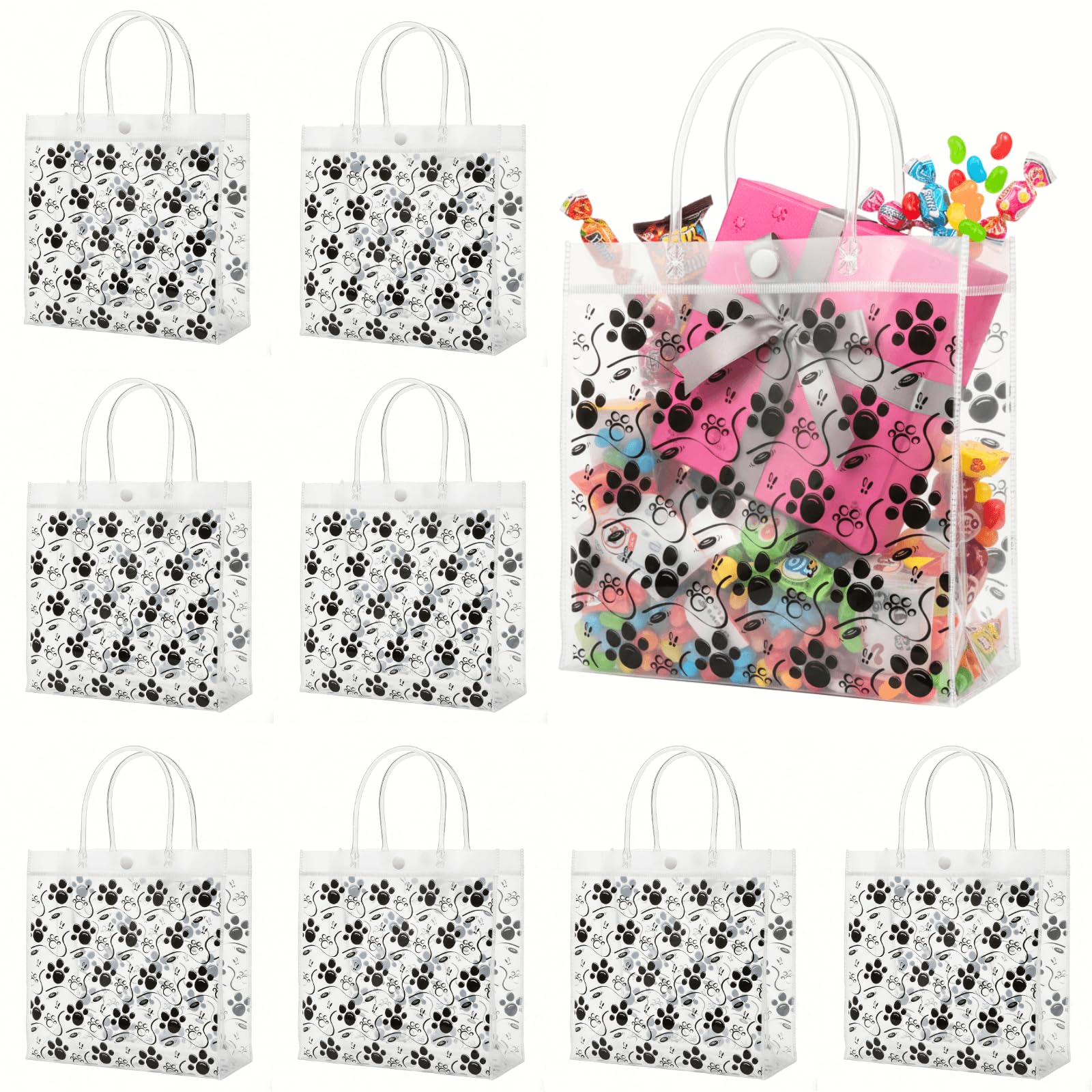 Youeon 30 Pcs Dog Paw Clear Gift Bags with Handles, 8x8x3 Inch Reusable PVC Treat Bags, Transparent Plastic Tote Bags for Pet Party, Birthday, Baby Shower, Candy, Cookie, Easter Favor Gifts