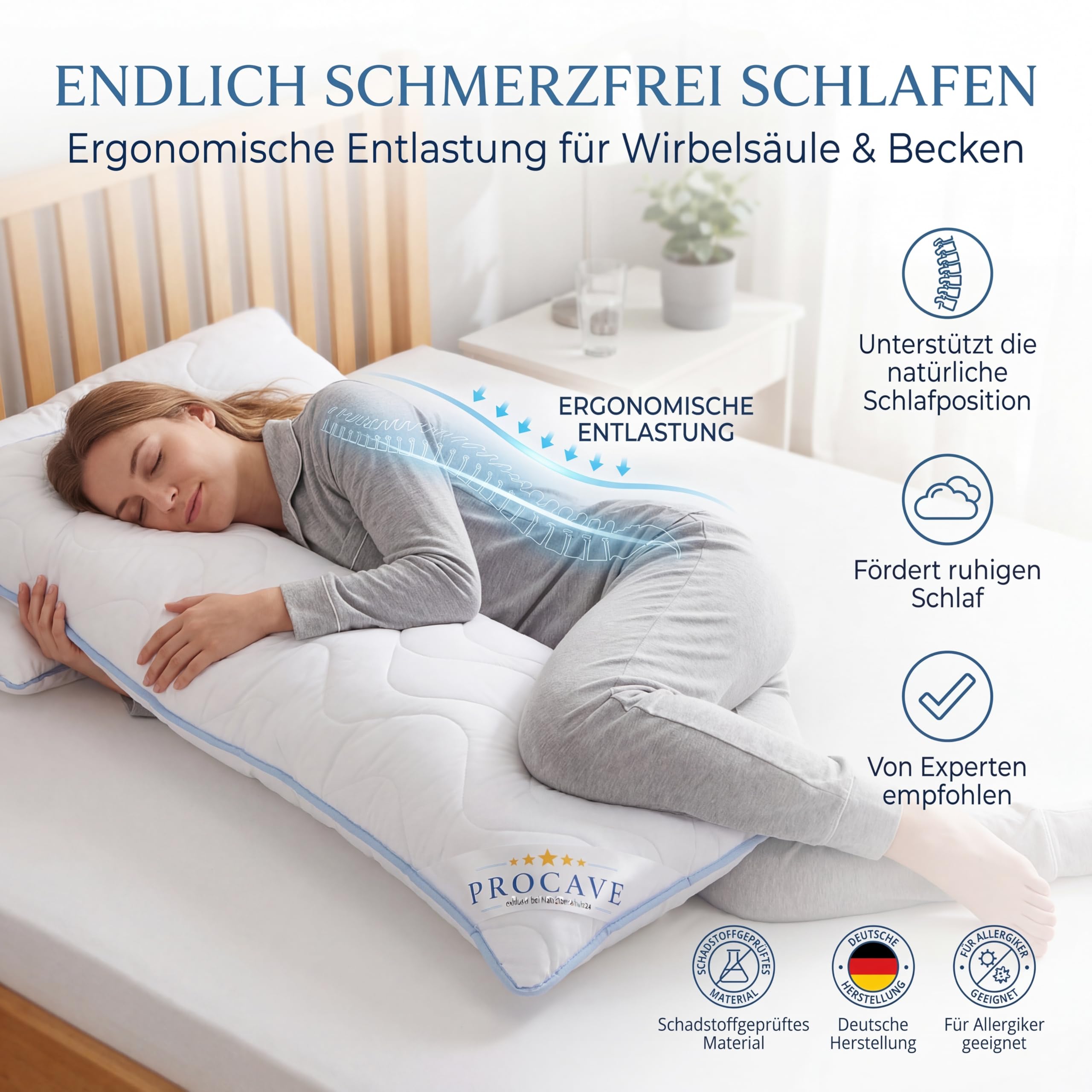 PROCAVE Seitenschläferkissen Top Cool 40x145cm atmungsaktives Schlafkissen Body Pillow waschbar Komfortkissen