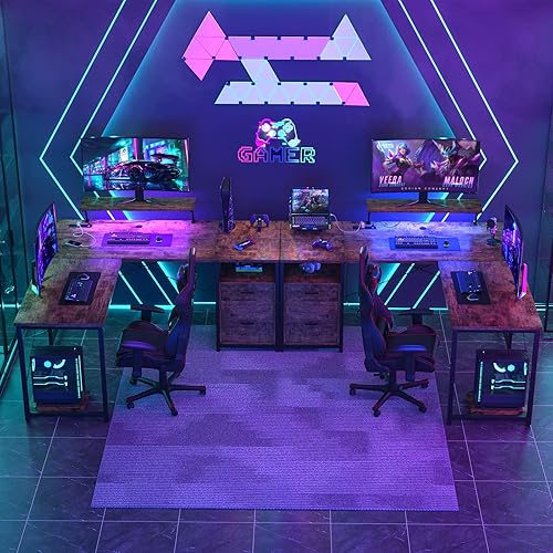 Miniatura 9 de Unikito Escritorio en forma de L con cajón de archivos y toma de corriente, escritorio de esquina reversible en forma de L con estante para monitor,