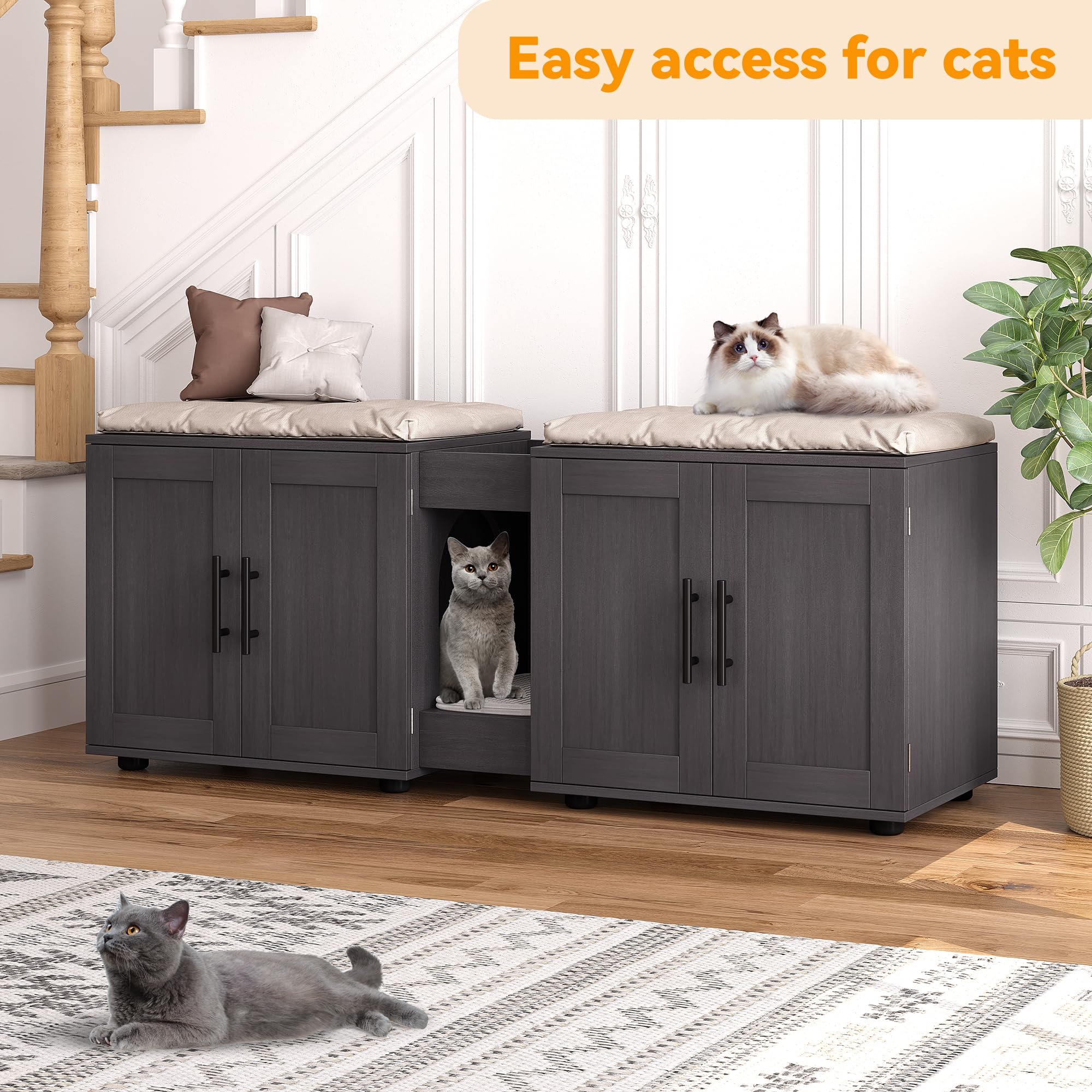 Katzenklo Schrank Für 2 Katzen, Doppelkammer Holz Katzenhaus | Großer Holz-Katzenklo-Schrank mit Doppelkammer, verstecktem Design und viel Stauraum für zwei Katzen