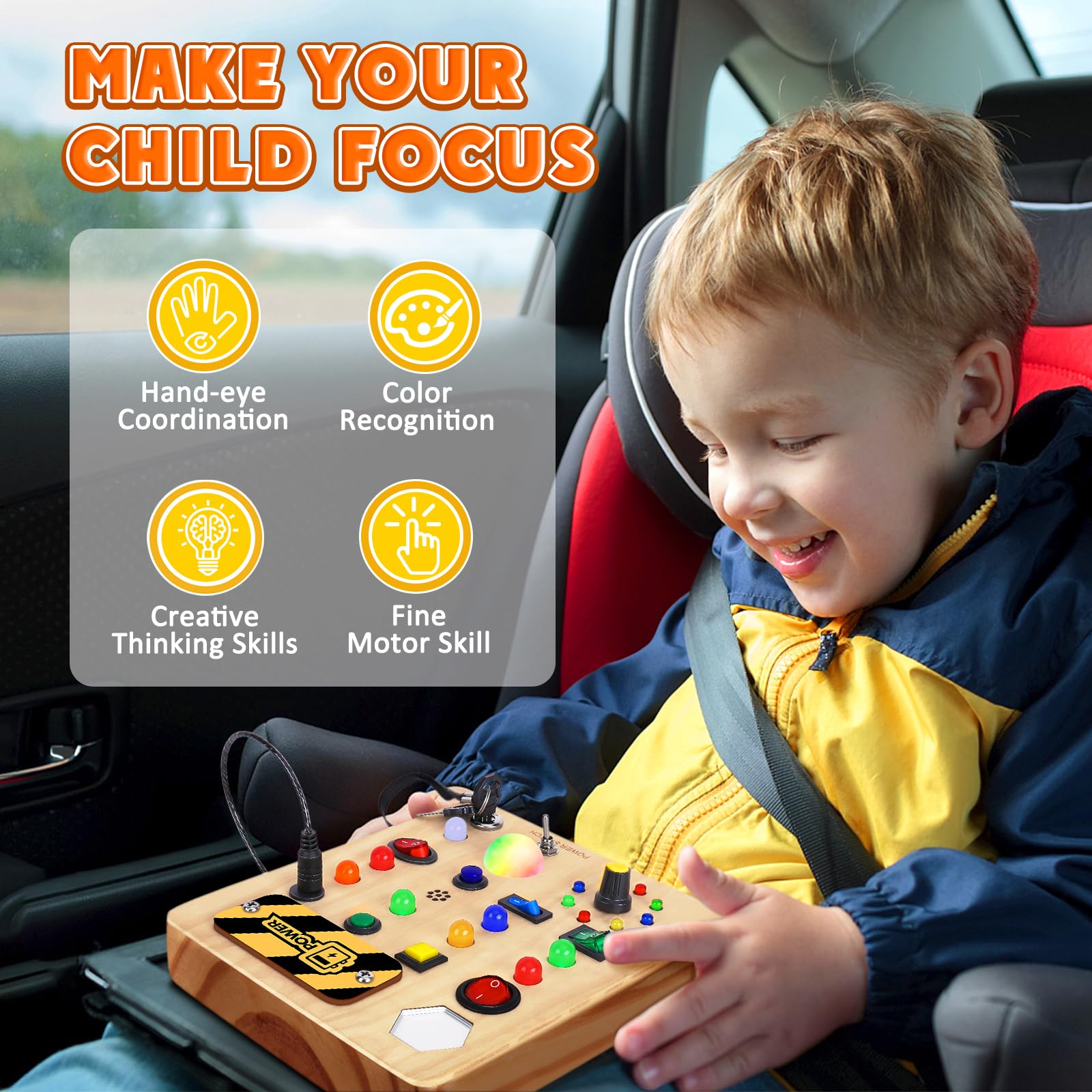 Tablero de actividades con luz LED, juguetes sensoriales de madera para niños pequeños, juguete musical Montessori para avión, actividades de viaje, juguetes educativos para el autismo, 5