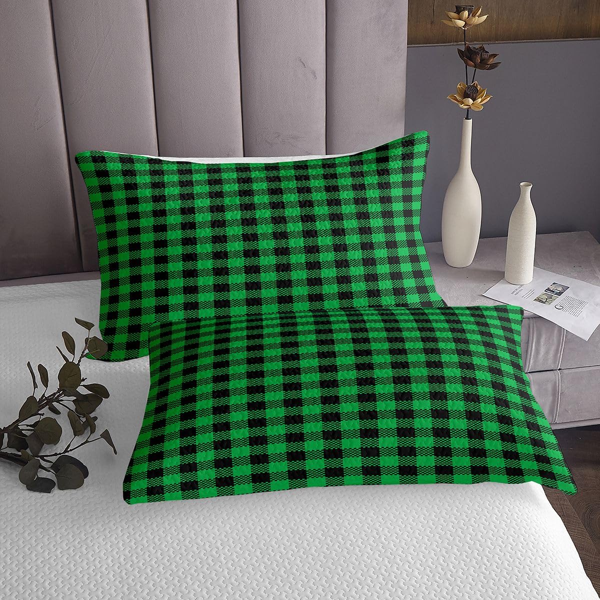 Loussiesd Copriletto a quadri per letto matrimoniale, motivo geometrico, verde e nero, set copriletto a quadretti di bufalo per tutte le stagioni, con 2 federe, in microfibra leggera