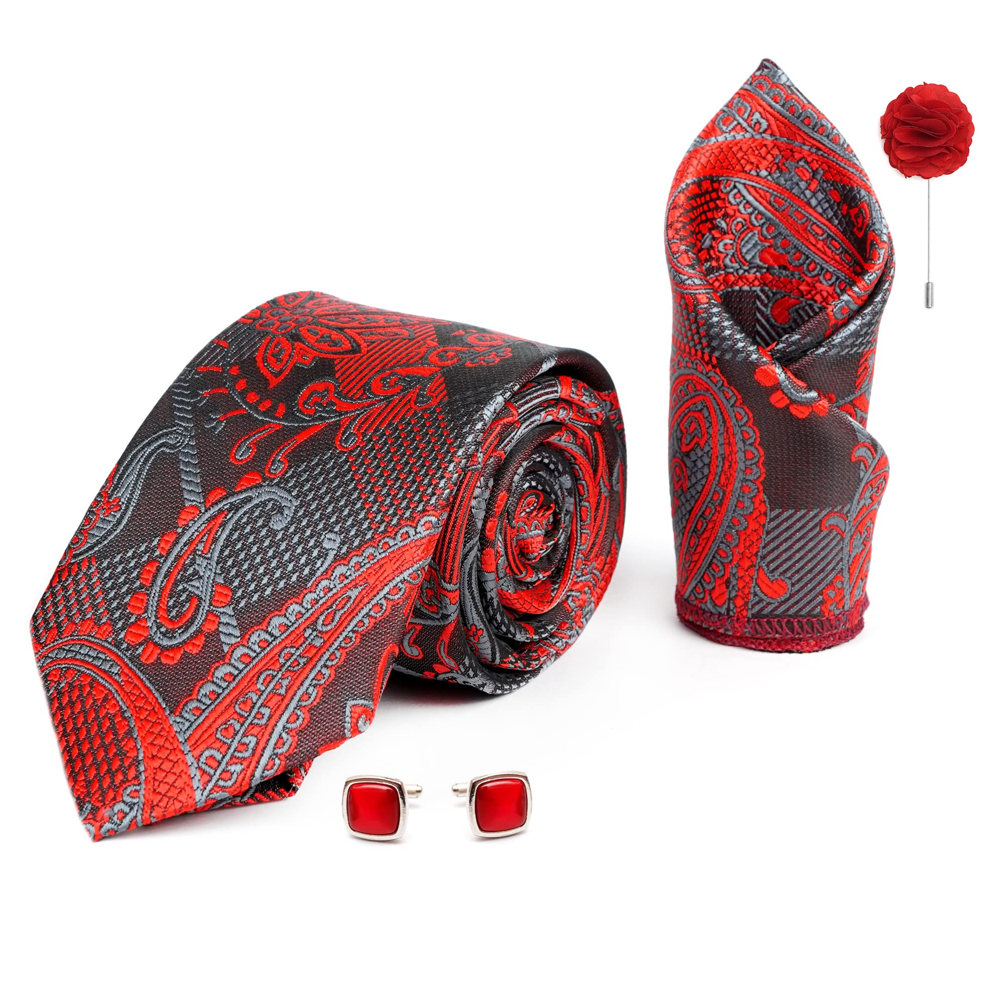 Mens Plaid Pasiley Silk Necktie Gift Set With Pocket Square Cufflinks & Brooch Pin Tie For Men Formal With Leatherite Box (AMBI6RX Free Size) | (Leather Gift Box) (Pack of 4)-image-10