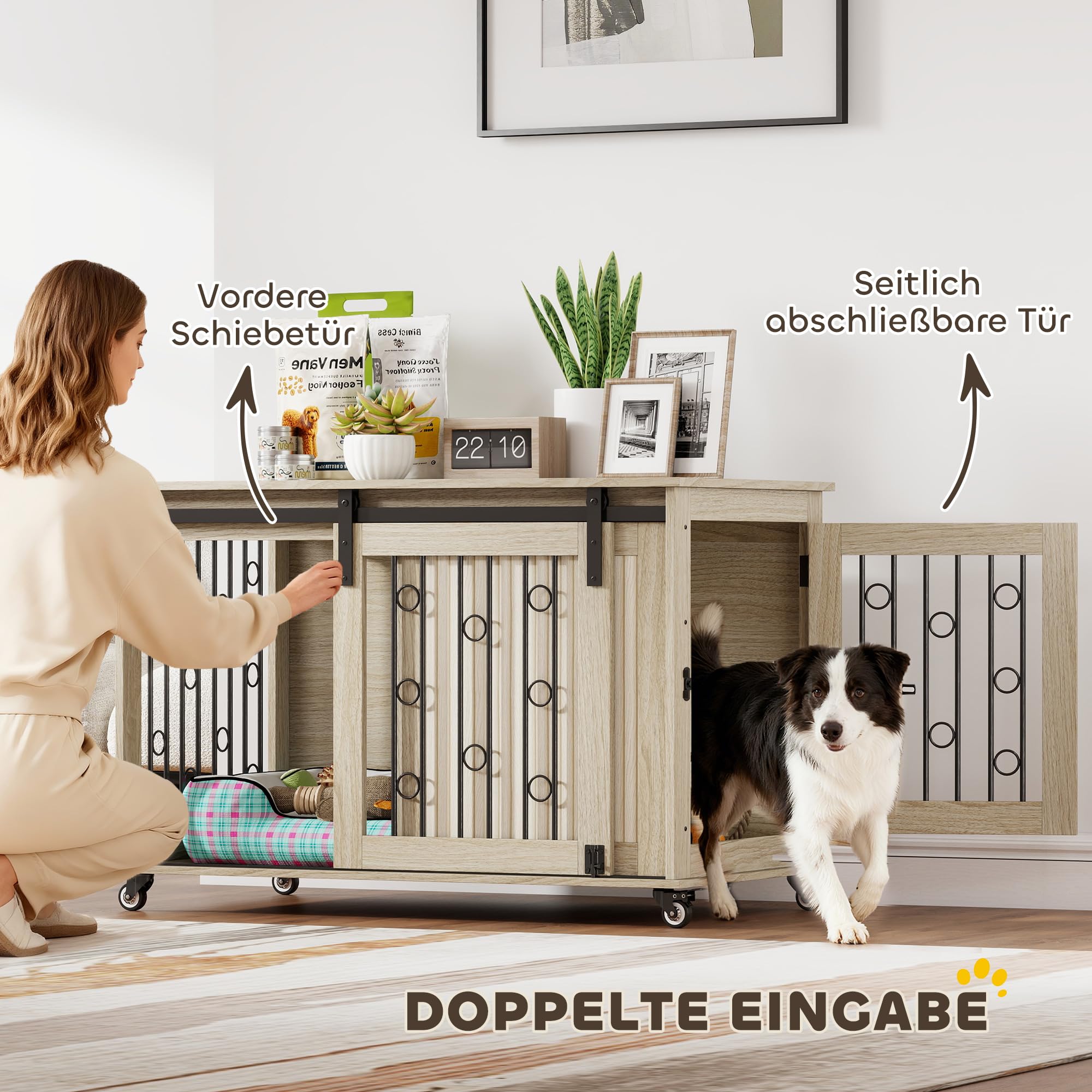 PawHut Hundekäfig Möbel Hundekäfig für Zuhause 100 cm Hundebox mit Rollen, Schiebetür, Seitentür Abschließbare Hundehütte für Mittelgroße, Große Hunde, Eiche