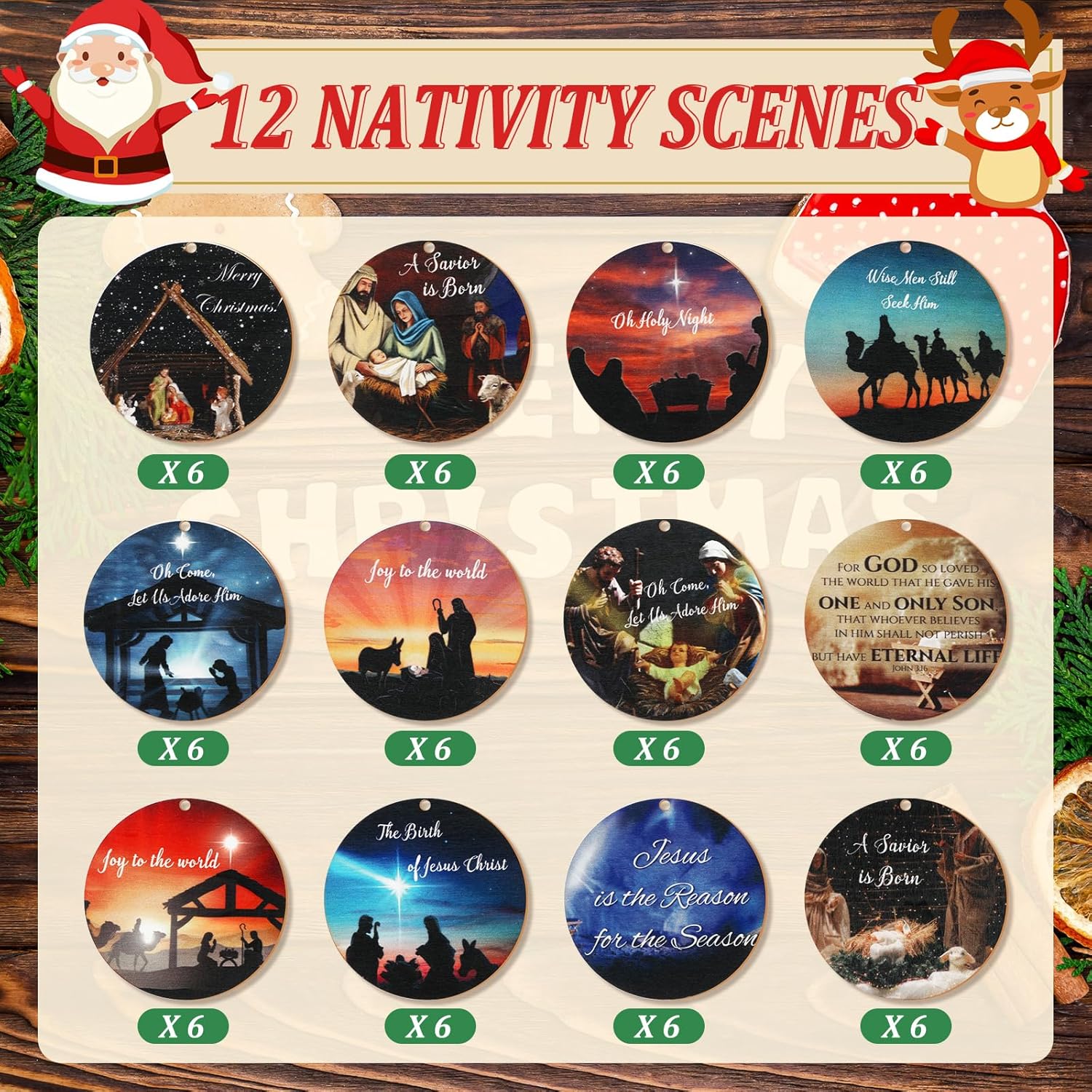 Soaoo 72 Pieces Nativity Scene Christmas Ornament Wooden Jesus Nativity Ornament Christian Religious Christmas Decorations with Red Ropes for Xmas Tree Party Decoration (Classic Style) - Image 6