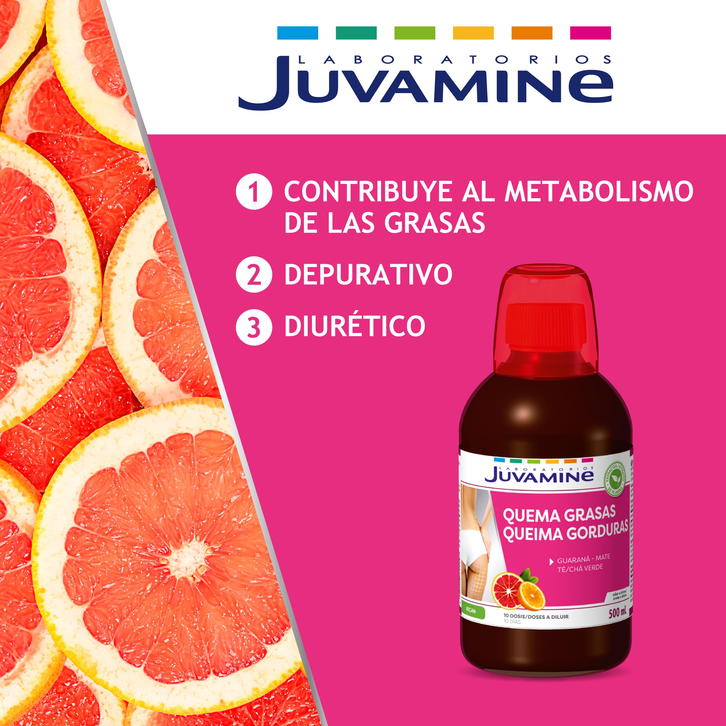 JUVAMINE - Botella Quema Grasas - Ayuda al Control de Peso - Guaraná - Maté - Té Verde - Sabor a Cítricos - Programa Intensivo de 10 Días con Plantas - 500mL