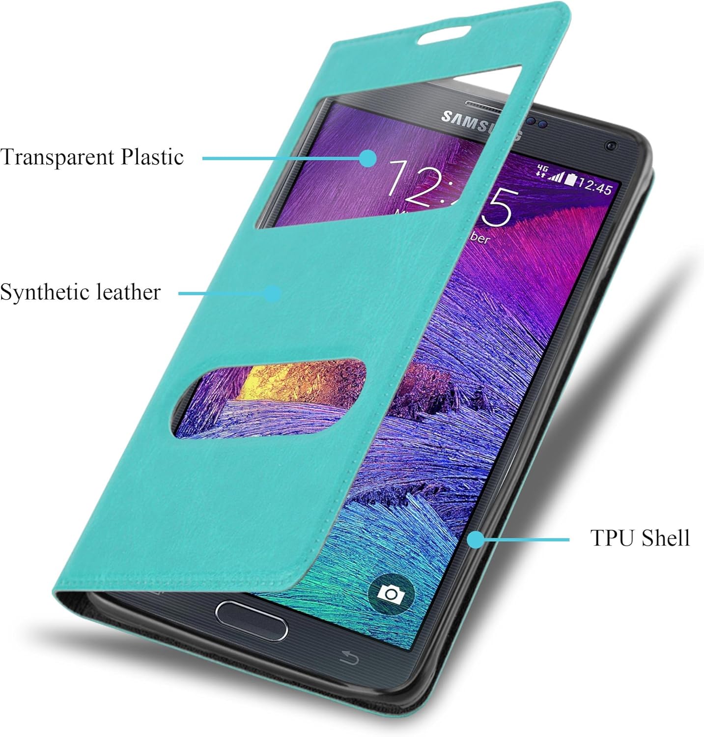 Book Case Compatible with Samsung Galaxy Note 4 in Mint Turquoise - with Magnetic Closure, 2 Viewing Windows and Stand Function - Wallet Etui Cover Pouch PU Leather Flip