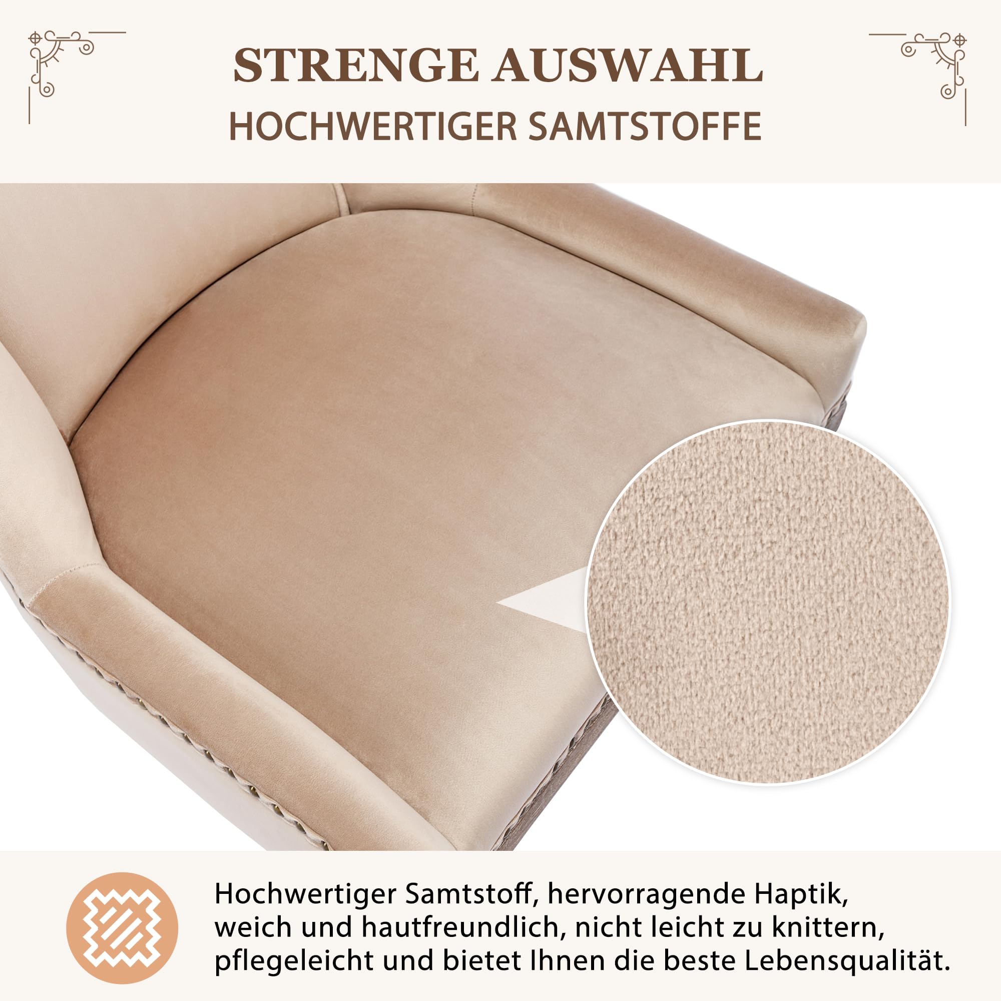Lot de 6 chaises de salle à manger de luxe rembourrées avec tête cloutée et pieds en bois massif, housse en velours, beige