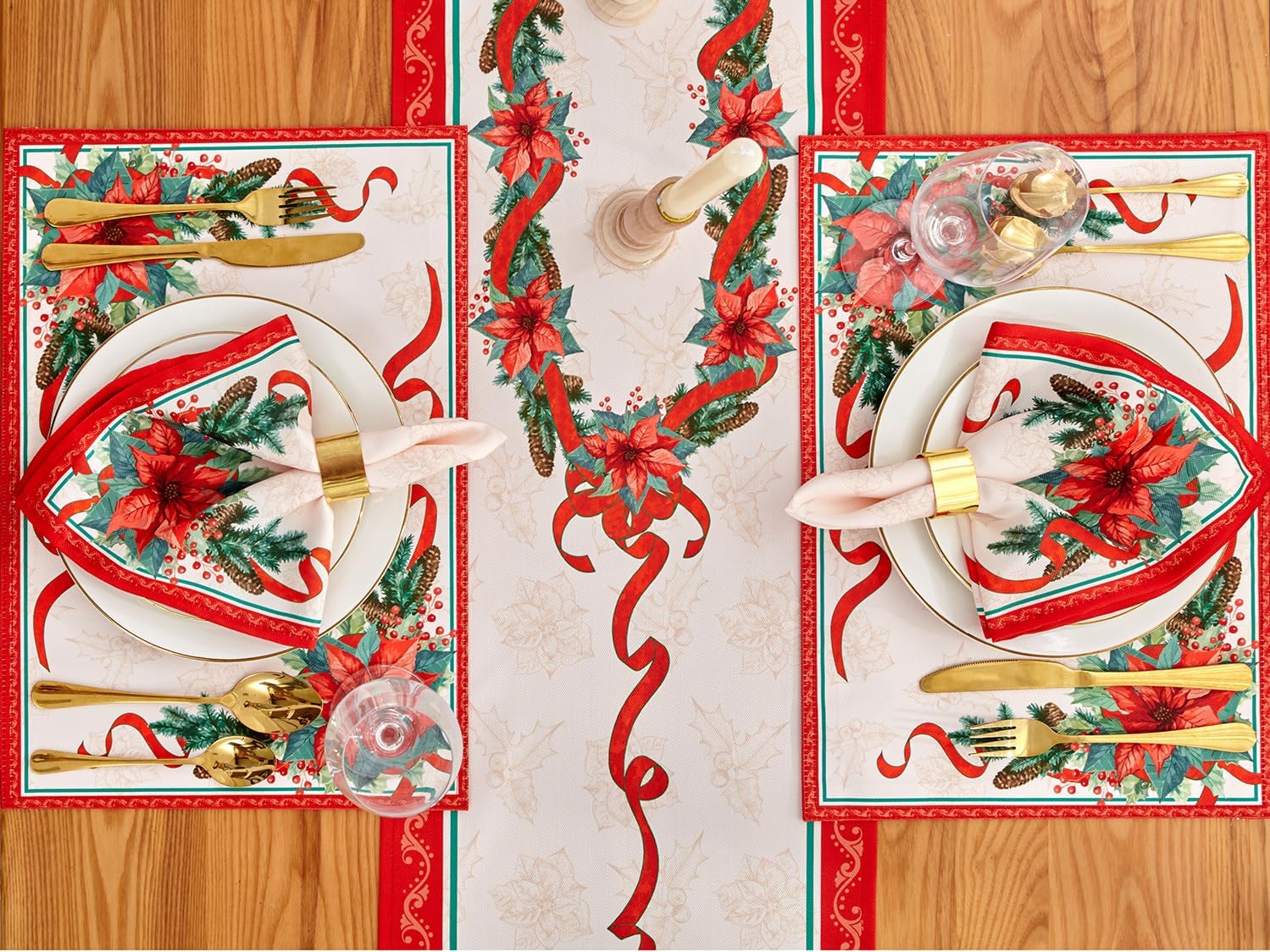 YiHomer Poinsettia Ribbon Engineered Printed Fabric Christmas Tabletop for Xmas Winter Holiday, Christmas Time, Reversible Placemat Set, 13 x 19